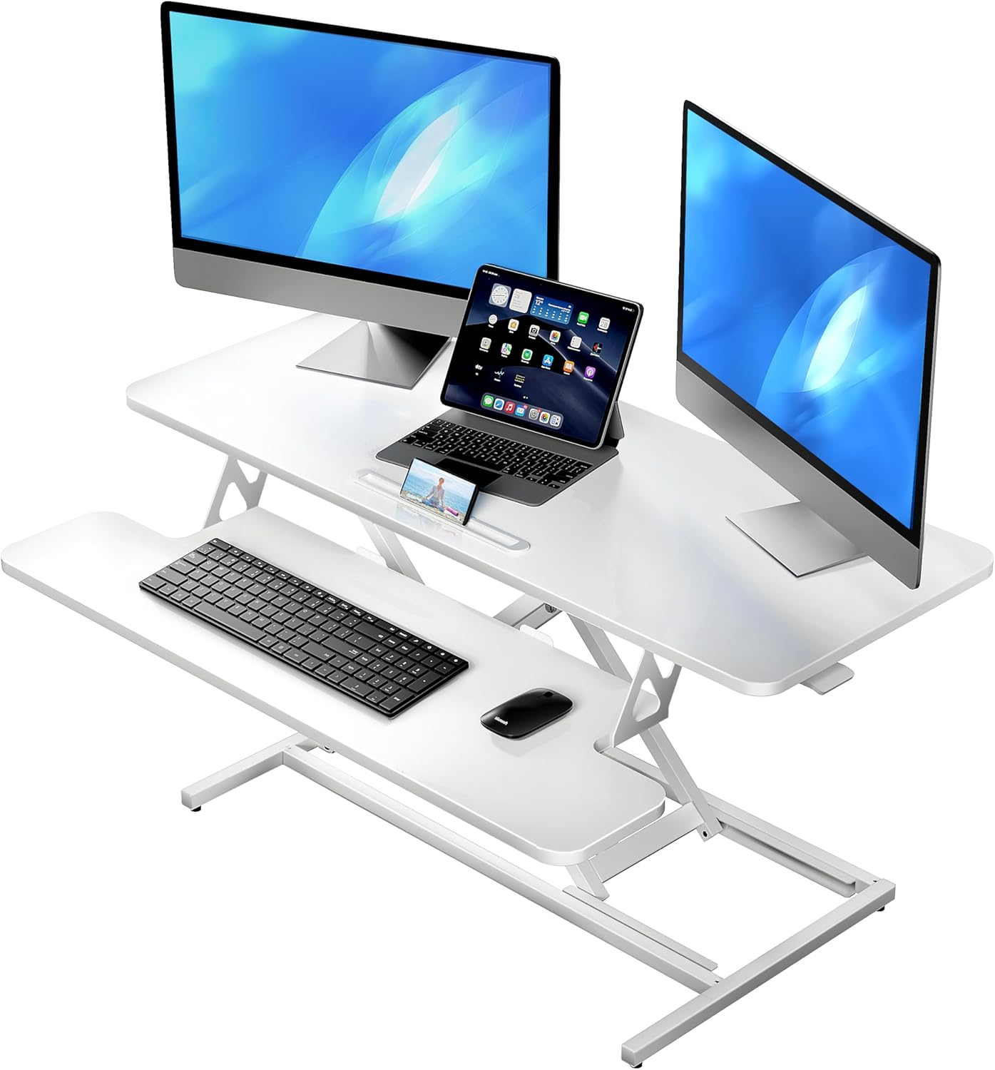 ERGOMAKER 101Cm Standing Desk Converter, Height Adjustable Sit to Stand Riser, Dual Monitor and Laptop Workstation with Wide Keyboard Tray, White