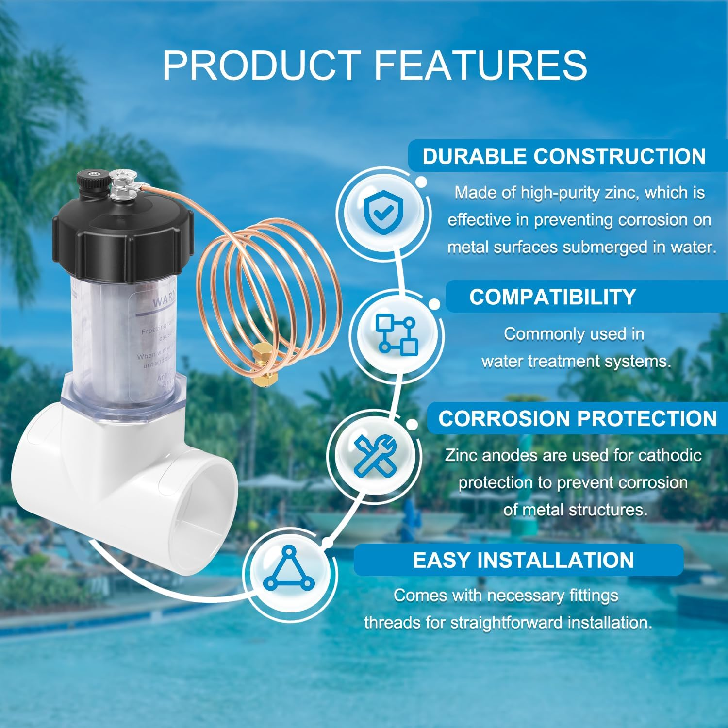 104-D Pool Inline Zinc Anode Replacement 2'' for Saltwater Pools &ndash; Anti-Corrosion Sacrificial Anode with Copper Wire (Fits 104D/104-D, Protects Metal Parts) image number 4