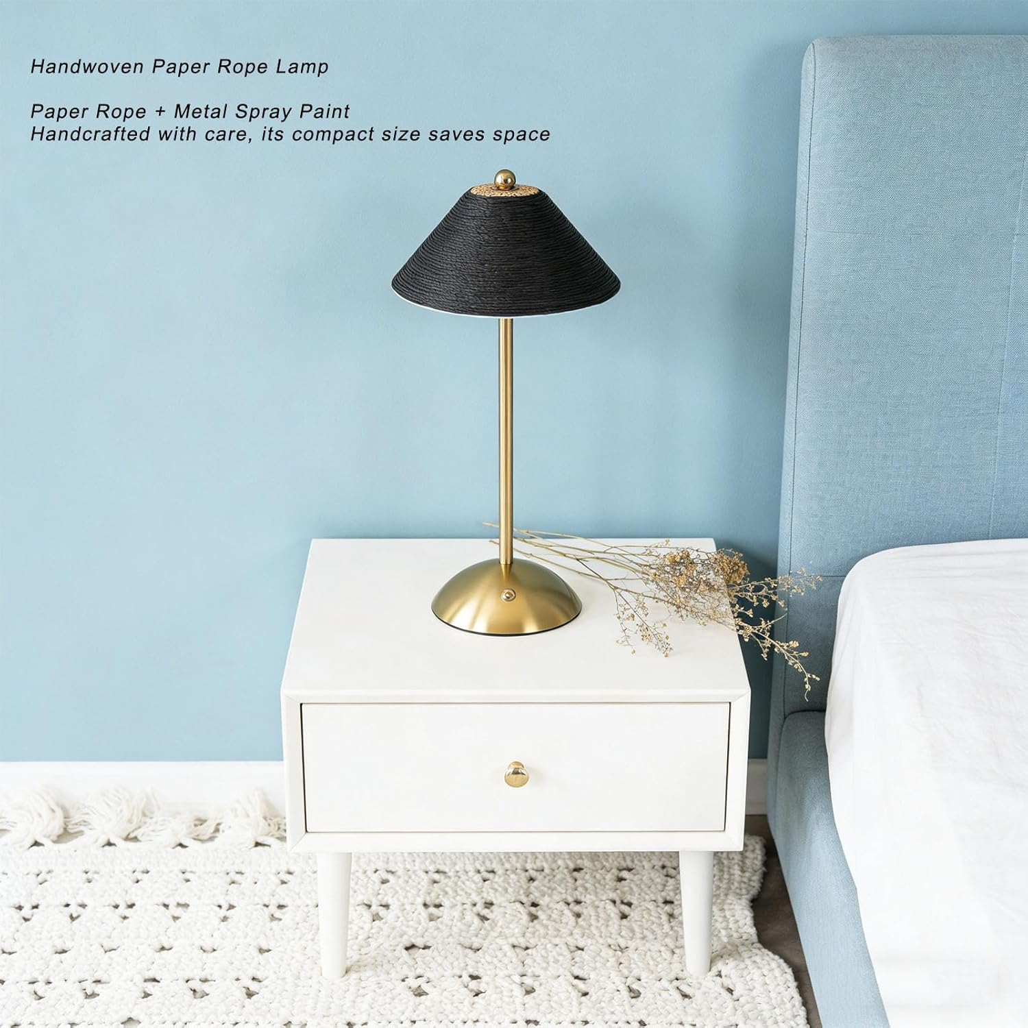 Dpofirs Boho Rattan Table Lamp, LED Rechargeable Reading Lights Night Light, 3 Color Touch Control Bedside Lamps for Nightstand, Bedroom, Living Room, 1200Mah (Black)