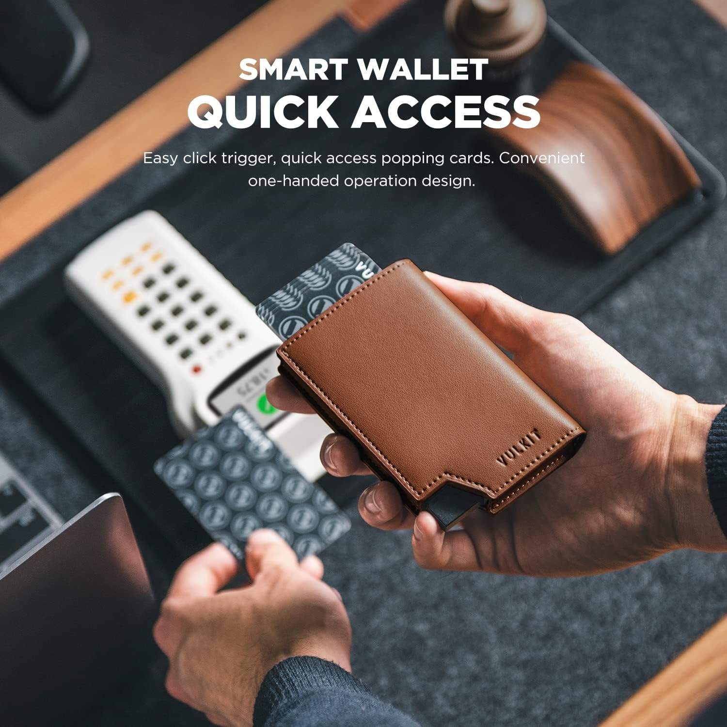 VULKIT Men'S Wallet Minimalist Pop up Card Holder RFID Blocking Magnetic Closure Leather Wallet with ID Window for Cash & Credit Cards up to 11 Cards - Brown image number 3