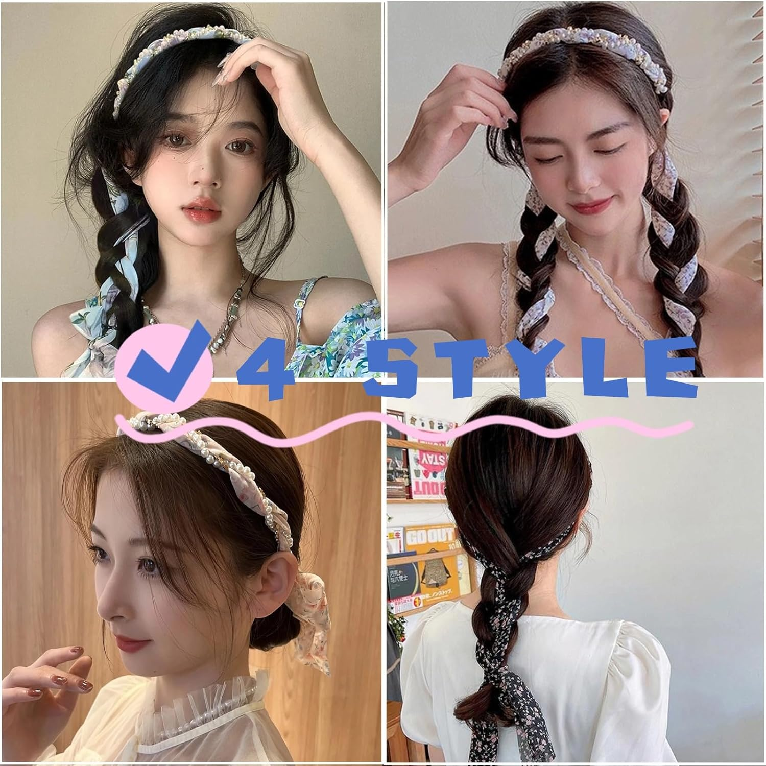 5Pcs Hair Bands for Women'S Hair, Korean Version of Small Floral Chiffon Pearl Butterfly Headband, Fashionable Hair Binding and Integrated Compression Headbands Hair Accessories for Long Hair image number 1