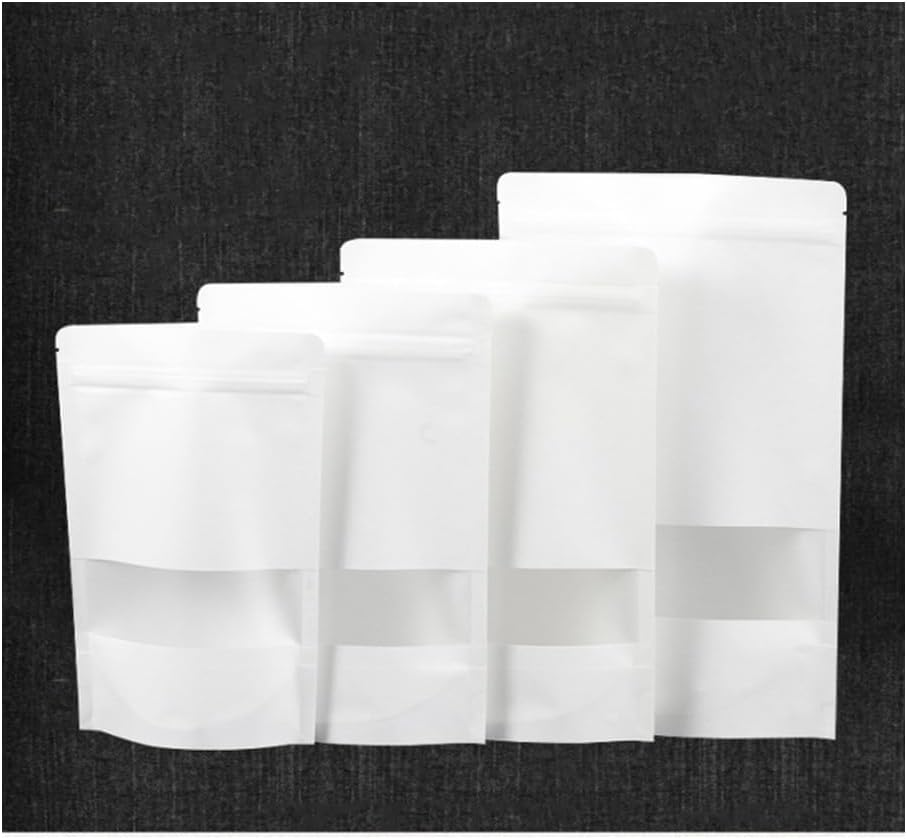 Naisfei 5.5 * 7.8In White Paper Bags,50 Pcs with Transparent Window, Kraft Paper Bags, Zipper Pouches, Reusable Stand-Up Bags, for Candy Coffee Beans Storage Tea image number 1