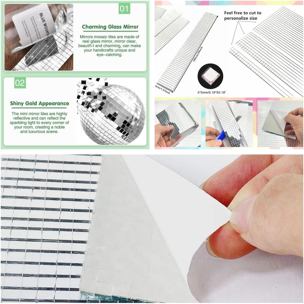 Mosaic Tiles, 3200 Pcs 5 X 5 Mm Self Adhesive Disco Tiles, Square Mirror Mosaic Stickers Decals for Interior Decoration, DIY Crafts, Home Decoration, Card Making, Art Collage and Disco Ball Projects &hellip; - Silvery image number 5