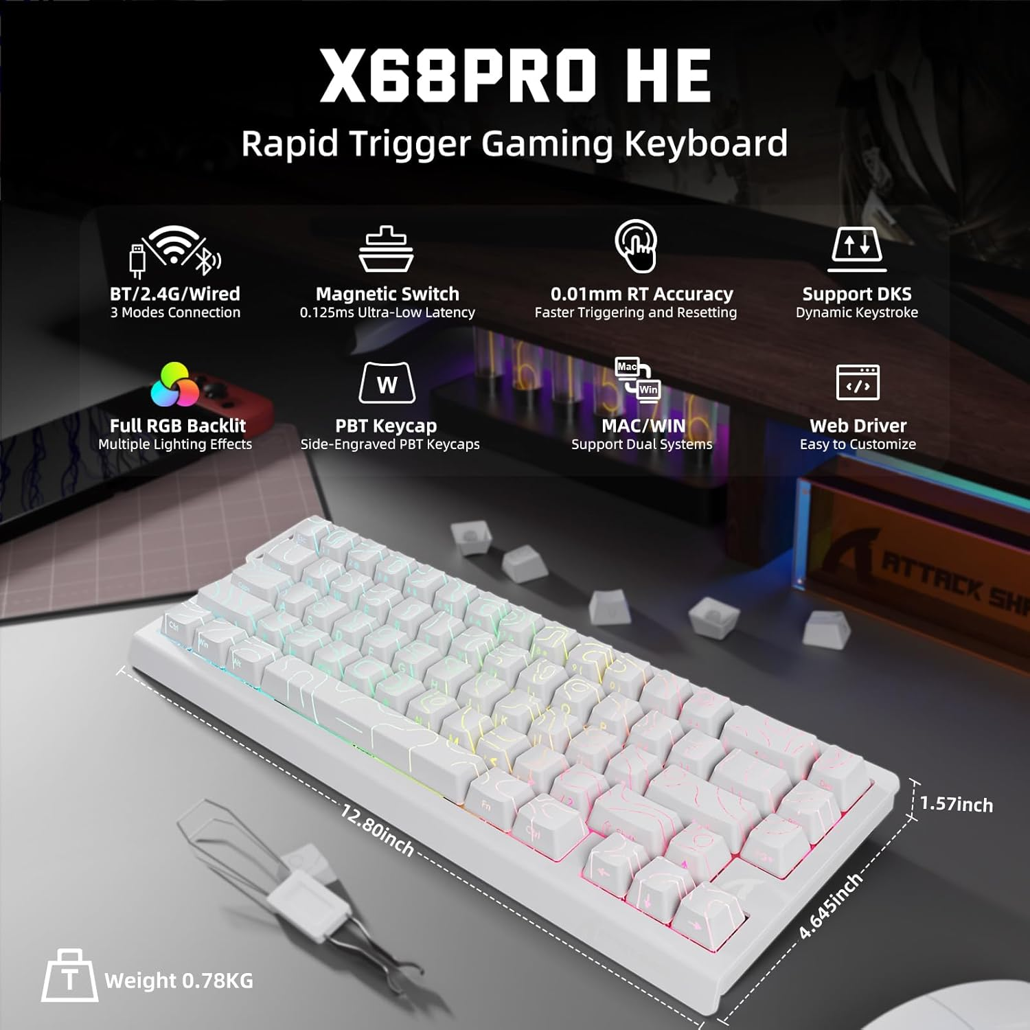 ATTACK SHARK X68 PRO HE Wireless Rapid Trigger Gaming Keyboard with Adjustable Actuation,8K Polling Rate,Hall Effect Magnetic Switch,Hot-Swap,Rgb Backlit,Bt/2.4Ghz/Wired,For FPS Games-White - Black image number 4