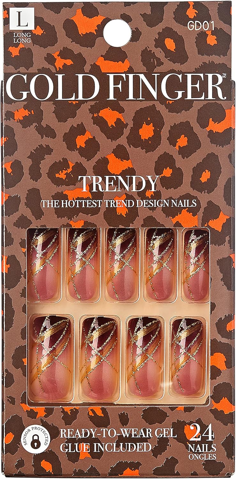 KISS Gold Finger Gel Glam Press on Nail Dark Brown Glitter French Full Cover Luxurious Design, Square Shape, Medium Length, Mini Glue Included Gf64