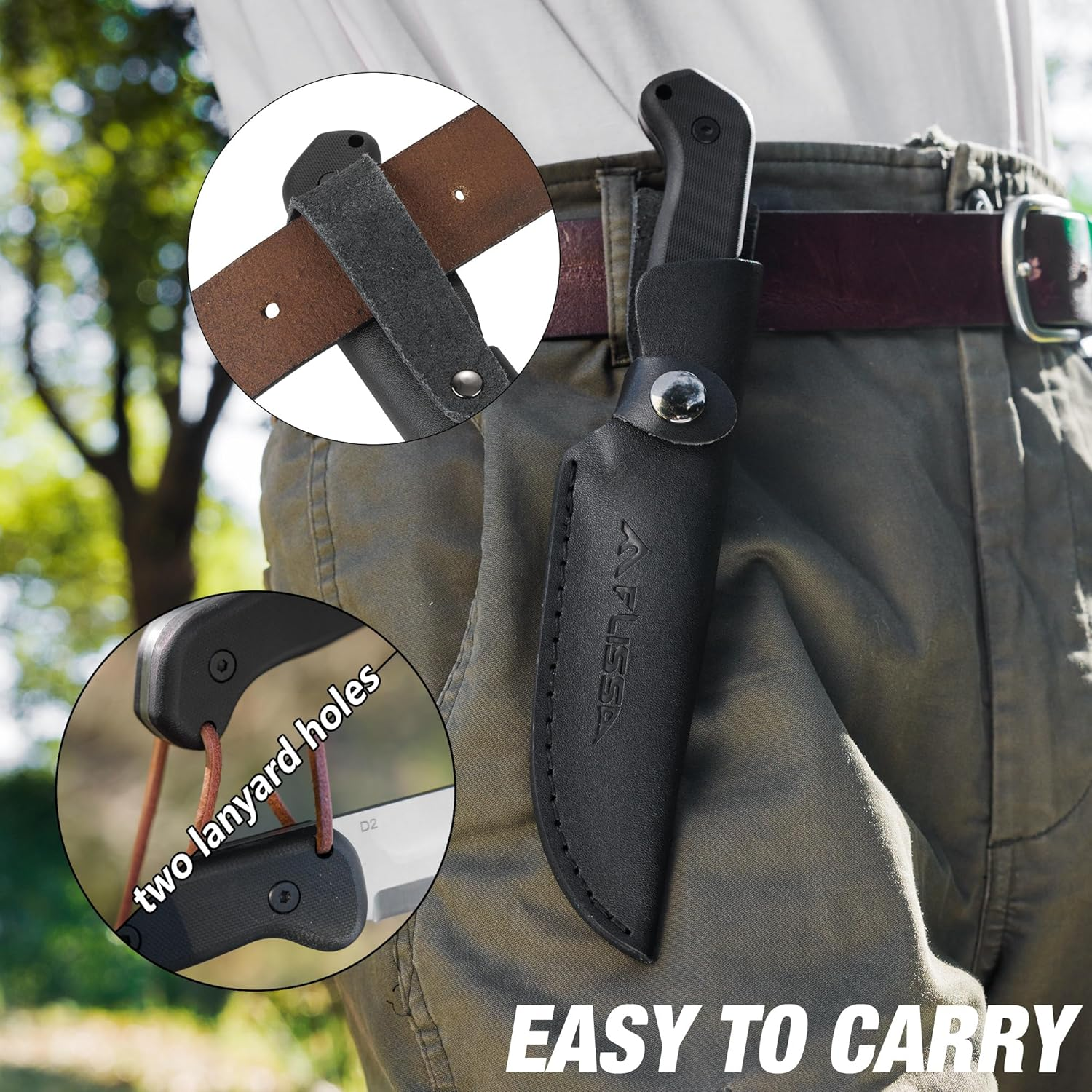 FLISSA 9" Fixed Blade Knife, D2 Steel Knife for Camping, Outdoor, G10 Handle, Leather Sheath Included, Gifts for Husband, Father, Friend image number 2