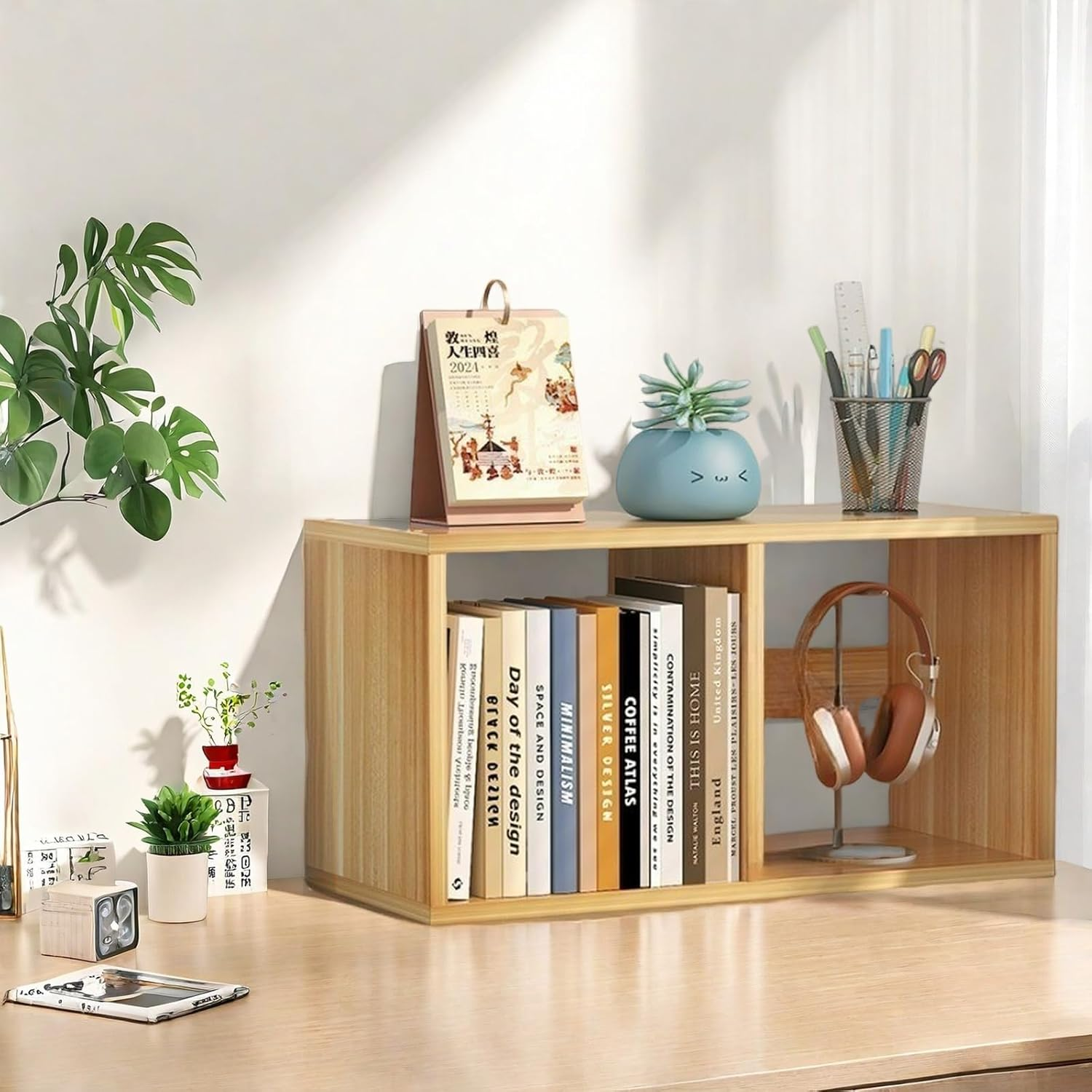 Desktop Organiser Wooden Bookshelf, Office Desk Display Shelf Unit, Book Storage Bookcase, Books Shelves A273 (Grey) - Black image number 7