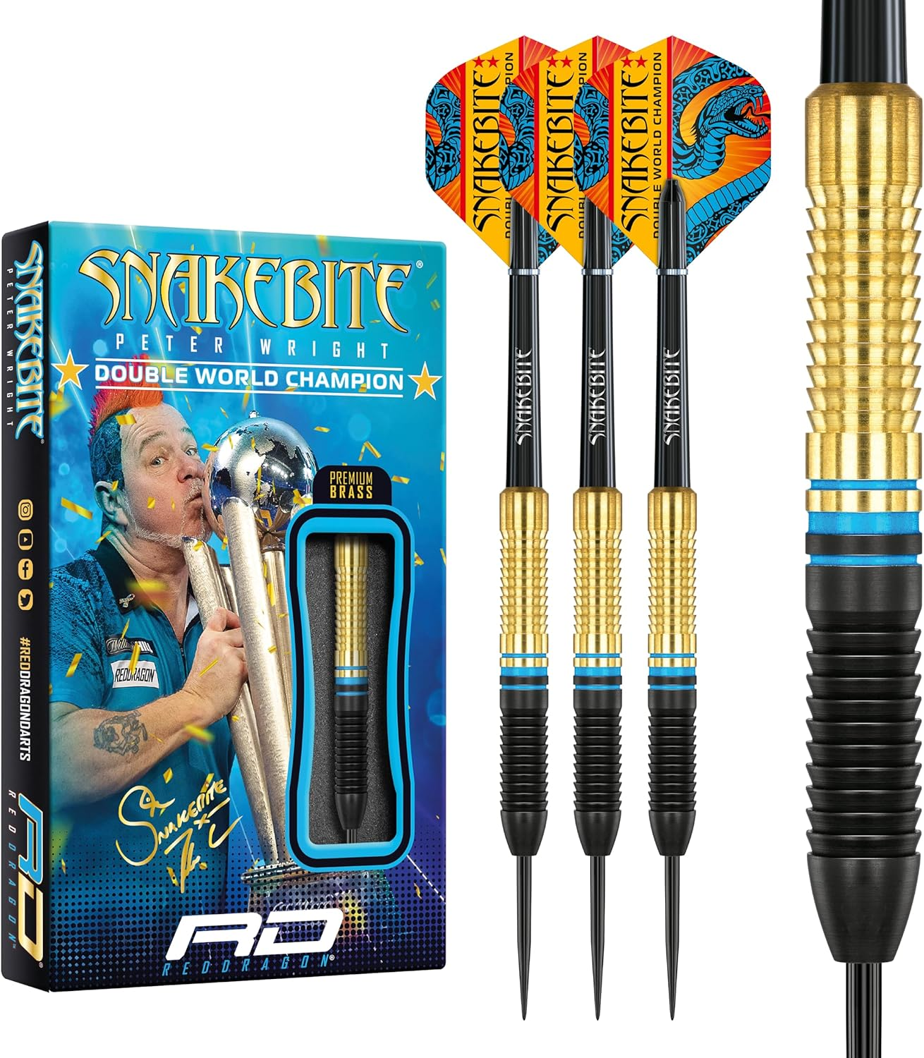 RED DRAGON Peter Wright Snakebite World Champion 2022 Darts Set - 21 Gram Brass Edition Including Flights and Stems image number 5
