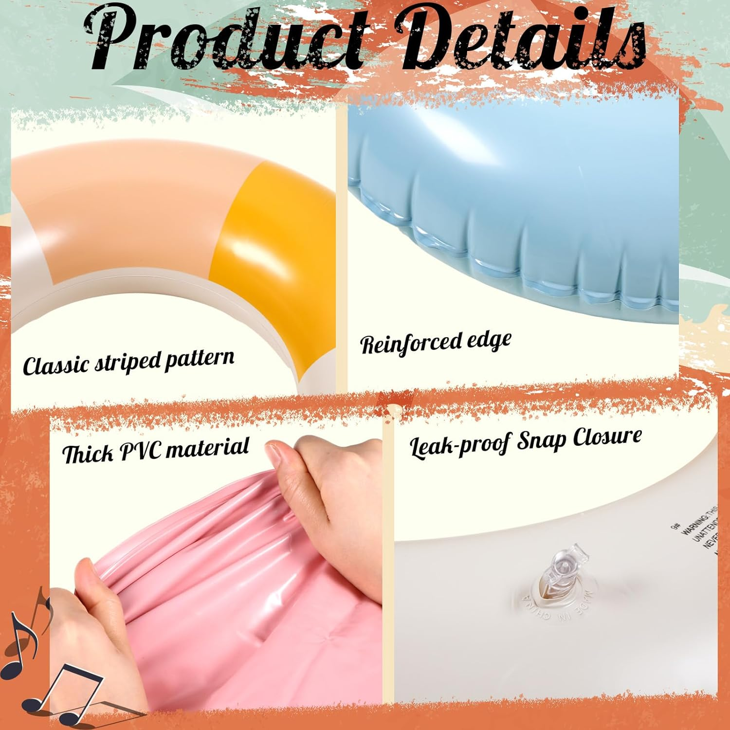 Wettarn 4 Pcs Pool Tubes with Fun Prints, Inflatable Floats Swimming Toys, Classic Striped Inner Tubes for Pool, Bachelorette Pool Floaties for Summer Beach Party Decor image number 3