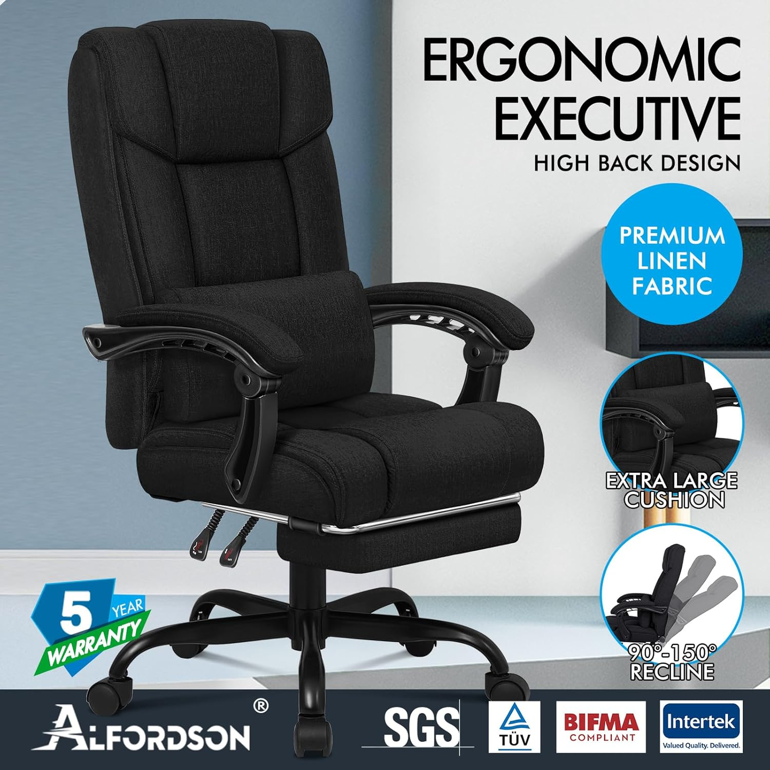 ALFORDSON Ergonomic Executive Office Chair with Footrest, High Back Desk Computer Chair Recliner for Home Office Study Student, Linen Fabric Video Gaming Chair, Boss Fabric Black image number 5