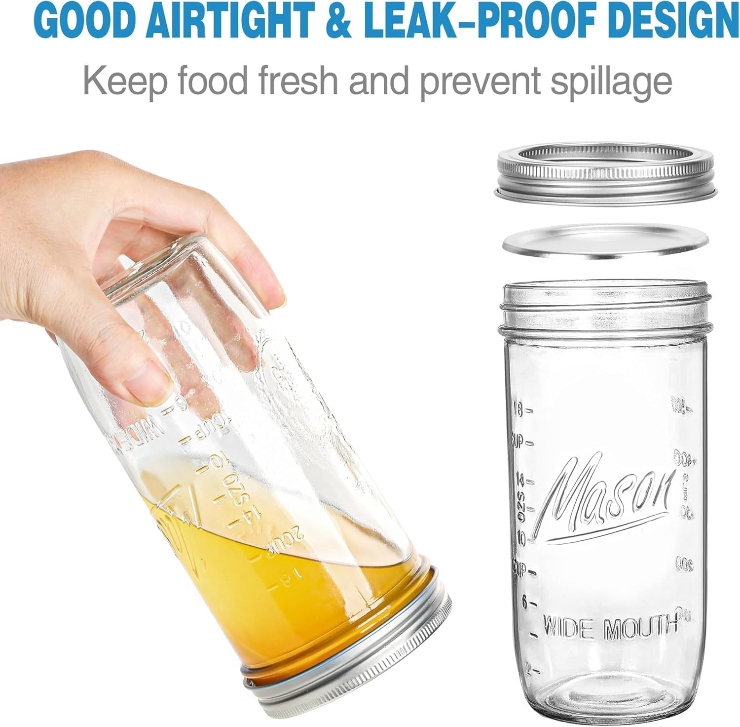 LATERN 6Pcs 24Oz Wide Mouth Mason Jars, 720Ml Printed Glass Jar Leakproof Mason Glass Jars with Airtight Lid and Band for Preserving Jam Honey Jelly Sauces Meal Prep Overnight Oats Salad Yogurt