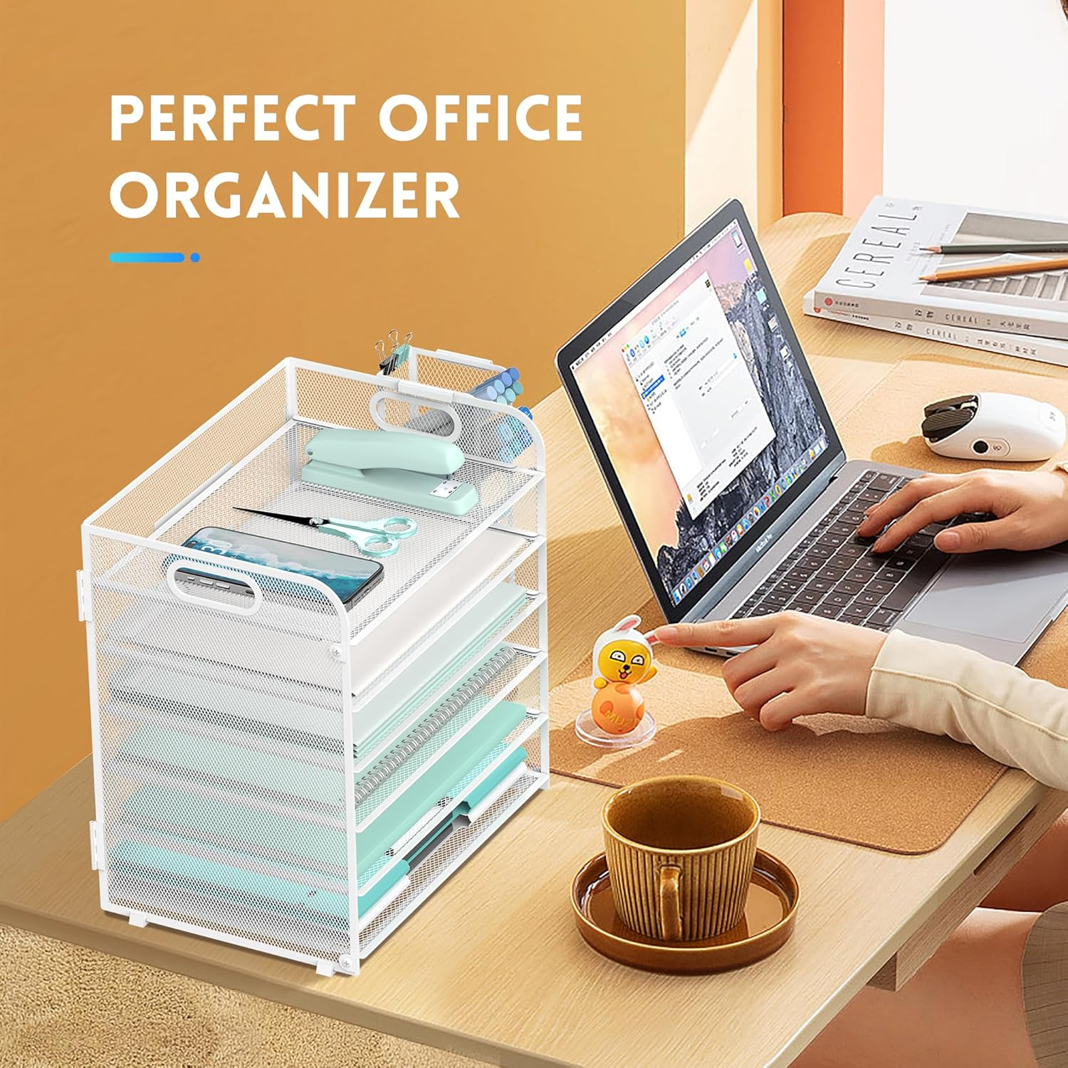 SUPEASY 6 Tier Paper Organizer with 4 Pen Holders, Mesh Letter Tray with Handle, Paper Tray Organizer for A4 Files, White - 2, Black image number 2