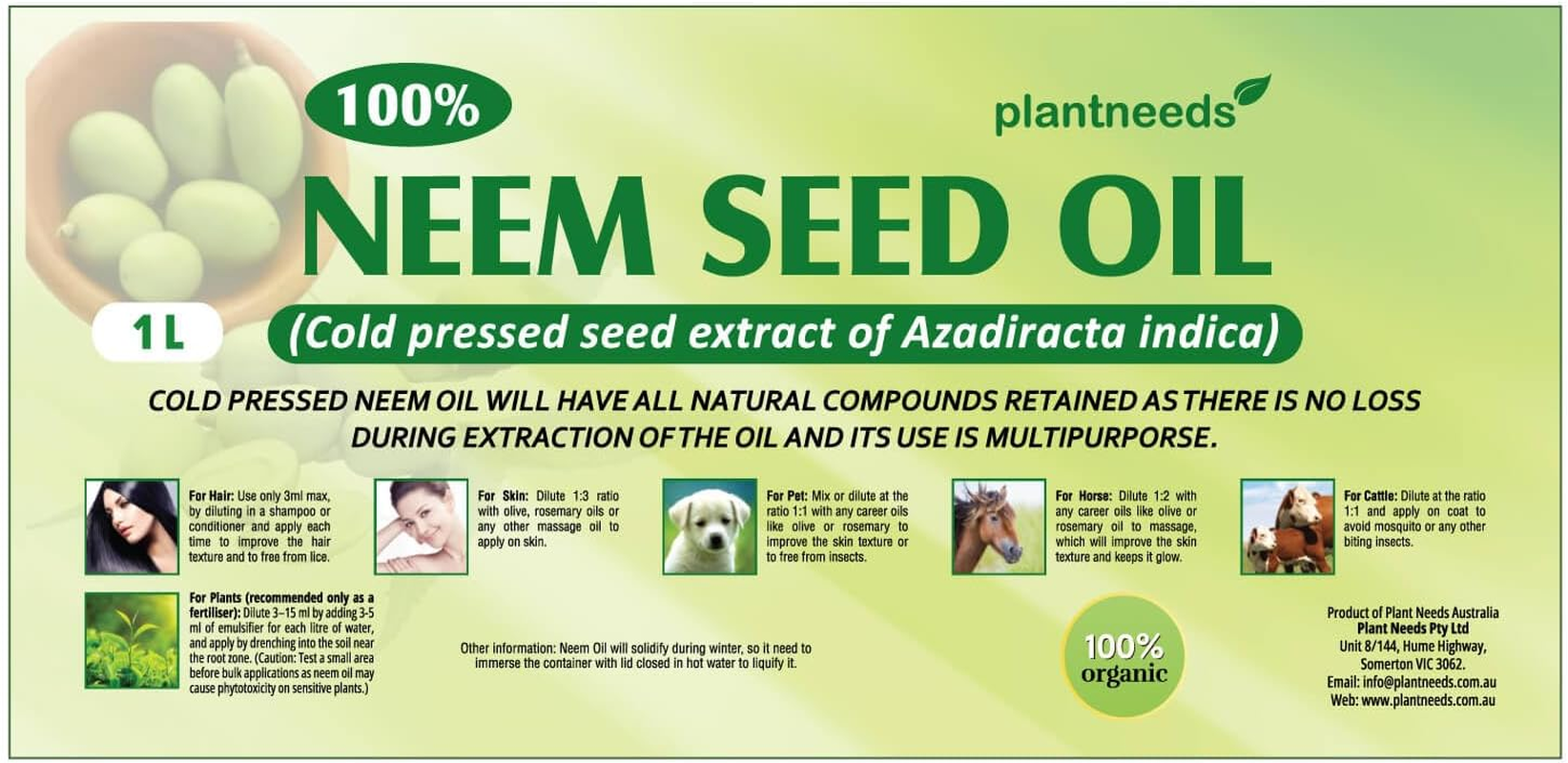 Plant Needs Neem Oil 1 L | 100% Organic Cold Pressed Neem Seed Oil | Multi Purpose Neem Oil for Plants, Hair, Skin, and Pets image number 2