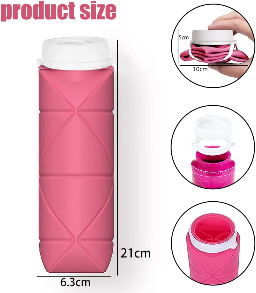 Collapsible Bottle Foldable Food Grade Silicone Water Bottle with Suction Nozzle,Collapsible Leak Proof Water Bottle for Sports,Fitness Gym,Gym Outdoor,Camping Hiking,Travel(Pink,600Ml) image number 6