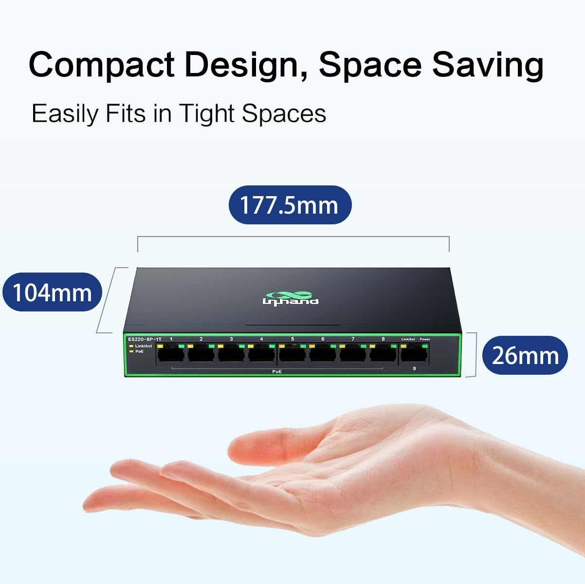 Inhand Networks Gigabit Ports Network Switch, 9 Gigabit Ports Ethernet Swtch with 8 Poe+ Ports Max.120W,Each Port up to 30W, Plug & Play, High Heat Dissipation Metal Case with AU Power Plug image number 2