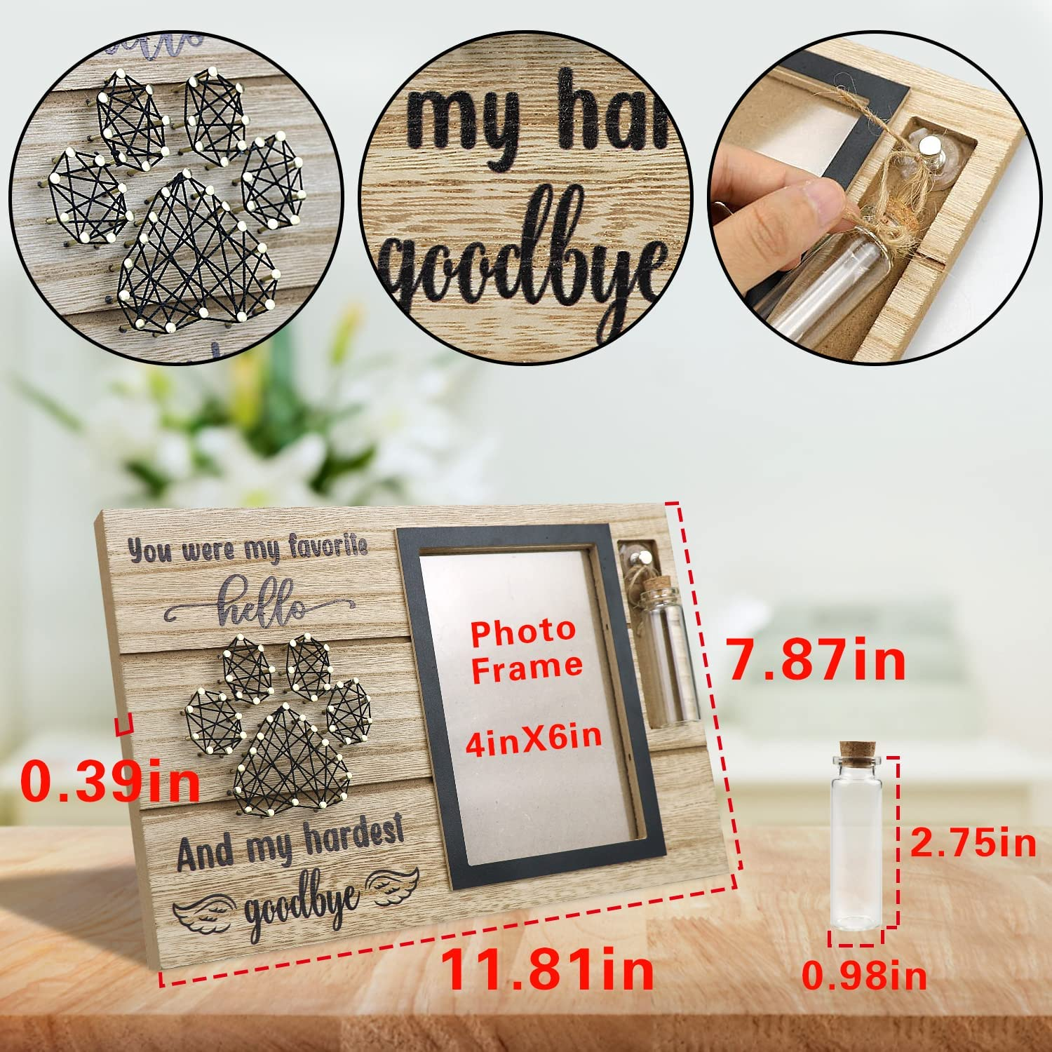 Free-Space Pet Memorial Picture Frame with Small Glass Bottle for Ashes or Hair Dog Cat Loss Gift (Black)