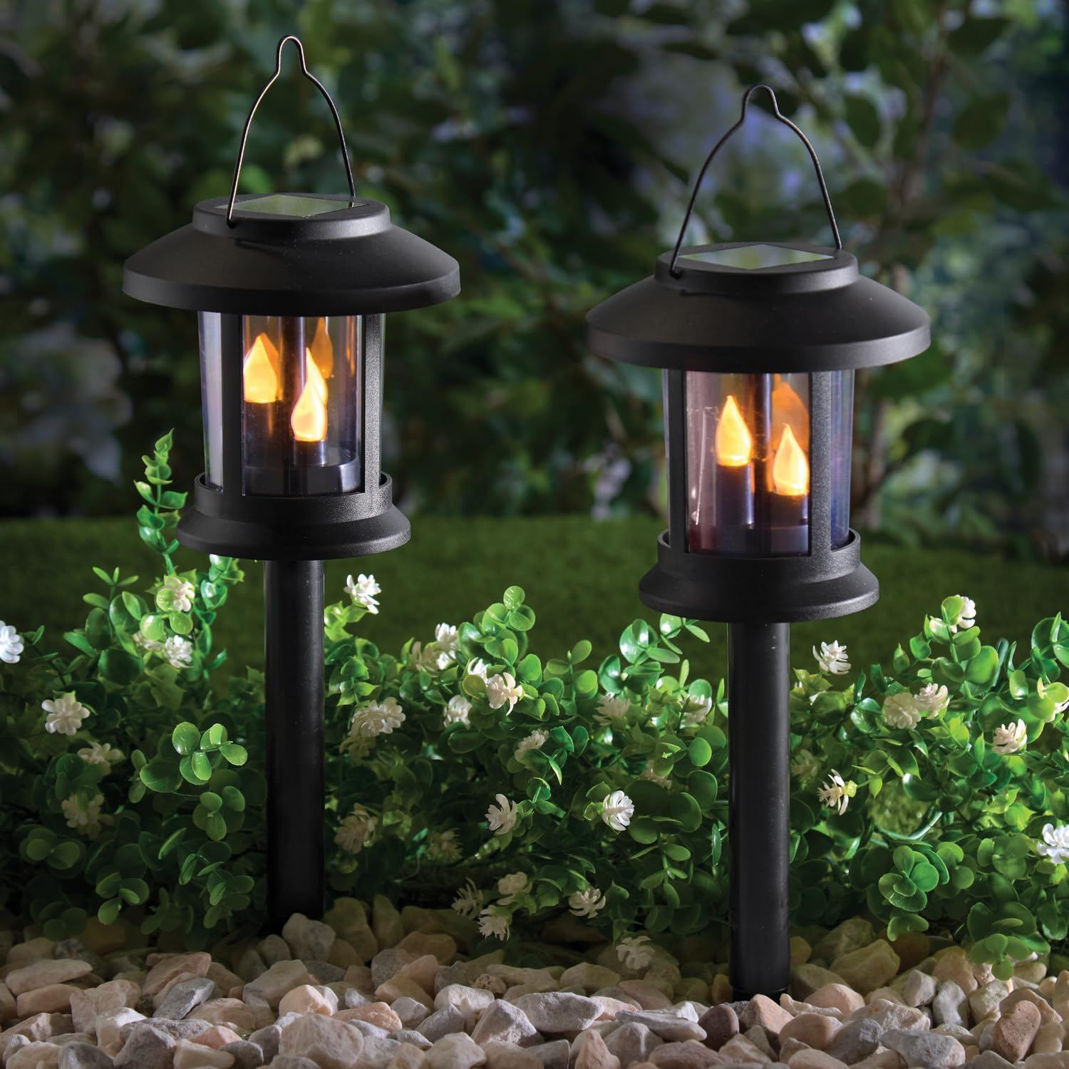 3 PAGEN 3-In-1 Solar Lantern with Plug Rod Set of 2 - Set of 2 LED Solar Garden Lights Black with Flickering Effect - as Ground Plug, Pendant Light or Table Lamp - Environmentally Friendly image number 4