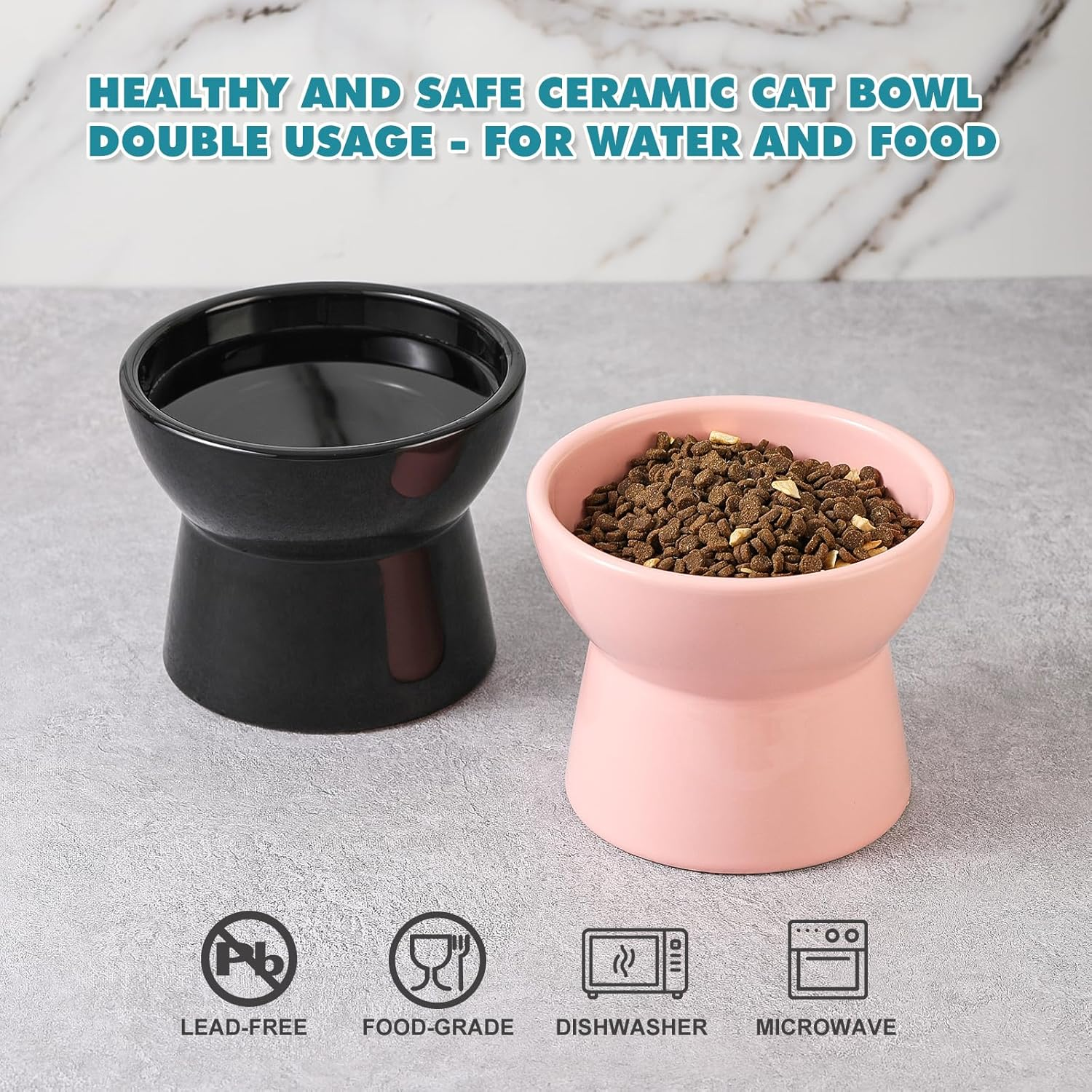 Raised Ceramic Cat Water Bowl - Elevated Cat Food Dish anti Vomiting - Large Tall Cat Feeding Bowls - Extra Wide Cat Bowl Whisker Friendly - Microwave and Dishwasher Safe - 6.1 Inch - 18.5 Oz - 550 Ml image number 4