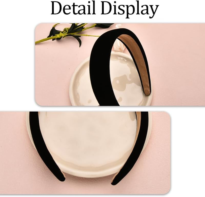 Black Velvet Headband Wide Padded Headbands Soft Puffy Headband for Women Girls Sponge Headbands for Yoga Sports No Slip Hairband for Thick Thin Hair Styling Accessories