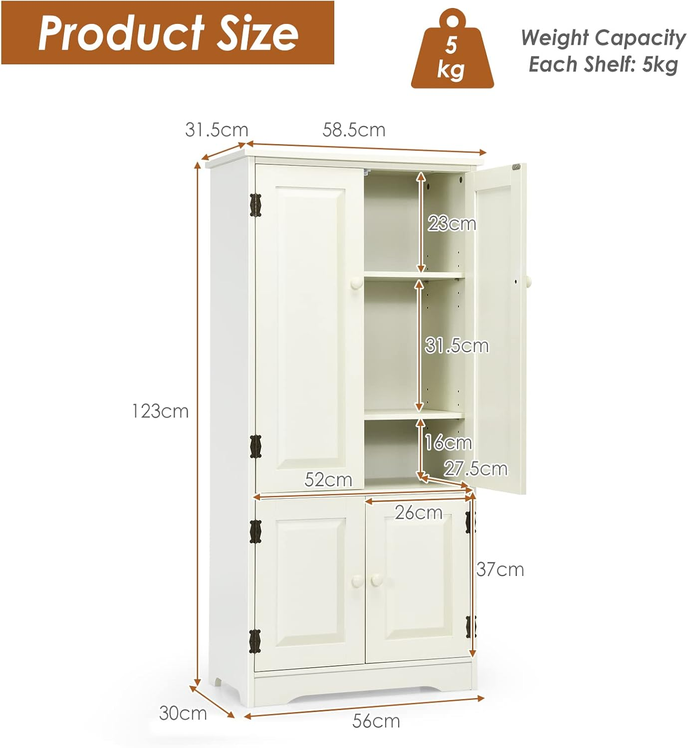 Giantex Freestanding Floor Cabinet, Pantry Cabinet Wooden Cupboard Organizer, Adjustable Shelf & Anti-Tilt Design, Sideboard Buffet Cabinet for Bedroom Bathroom Living Room, Ivory