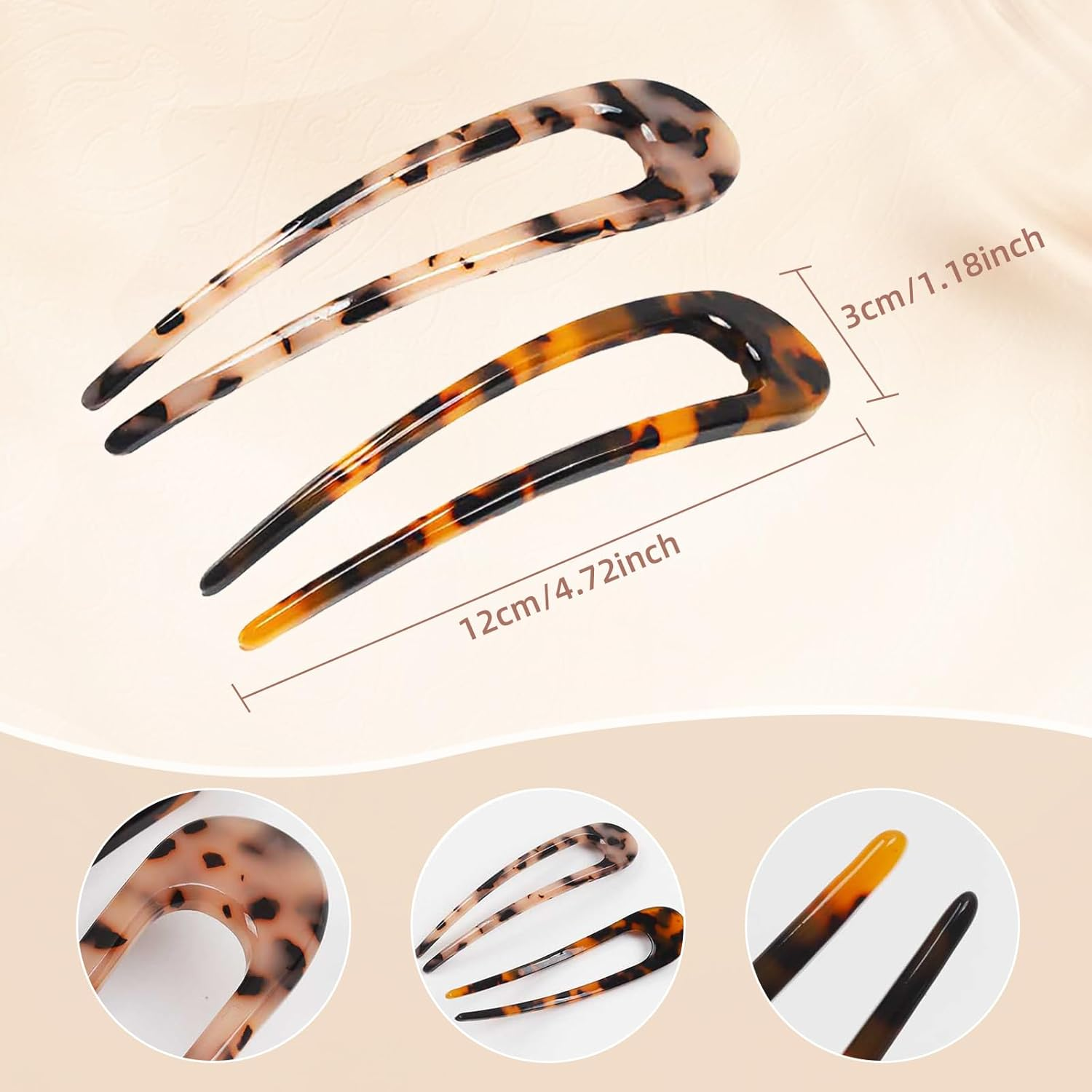 2 Pack Benefree French Style Cellulose Acetate Tortoise Shell U Shaped Hair Pins Fork 2 Prong Updo Chignon Pin for Women Girls Hairstyle Accessories（Tortoiseshell and White Tortoiseshell) image number 2