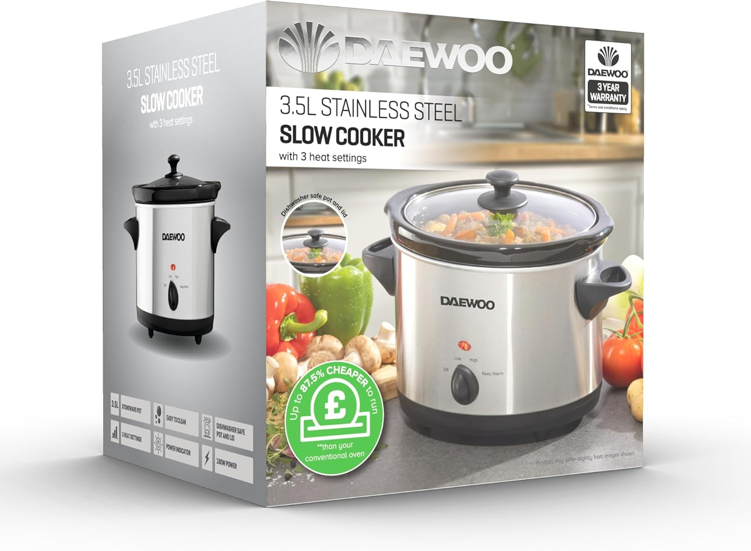 Daewoo 3.5L Slow Cooker &ndash; Compact Electric Cooker with Removable Ceramic Bowl & Glass Lid &ndash; 3 Heat Settings (Low, High, Keep Warm), Energy Efficient, Ideal for Small Families & Meal Prep, Black image number 2