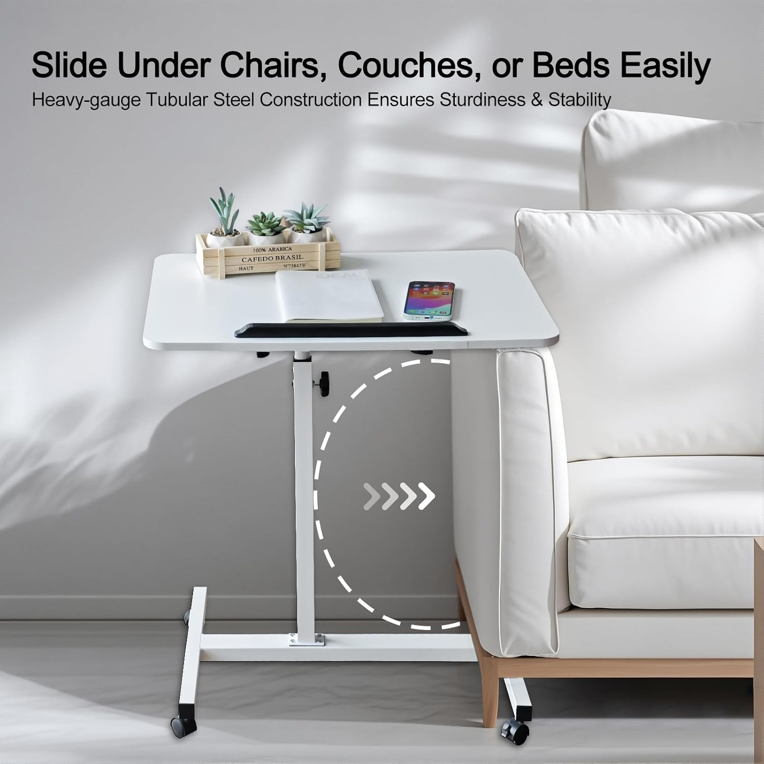 ONEIN Overbed Table with Wheels, Adjustable Laptop Table for Bed Couch Sofa, Portable Standing Desk for Home Office, C Shaped Small Study Table, Tiltable & Stable image number 2