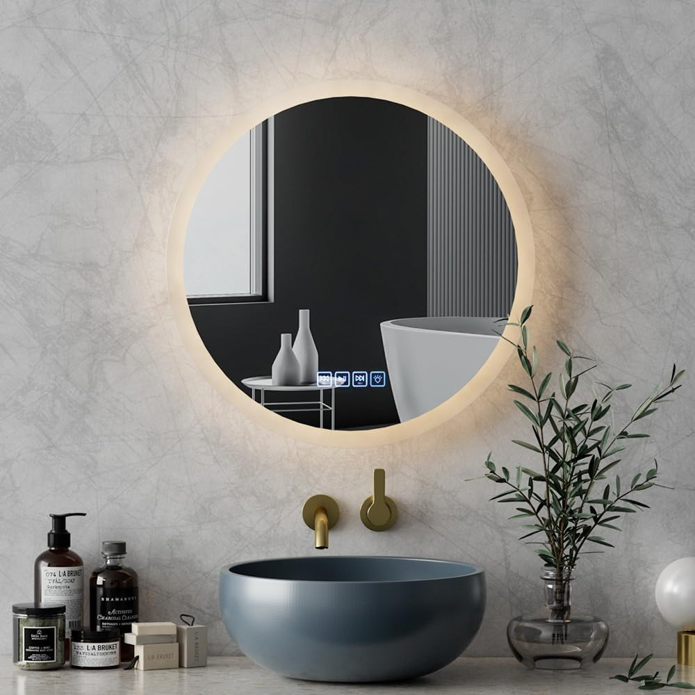 Embellir LED Wall Mirror, 50Cm Glass Frame Vanity Makeup Shower Bathroom Make up Mirrors with Light Wall-Mounted Decorative Hanging Room Decor for Home Bedroom Hallway, Round