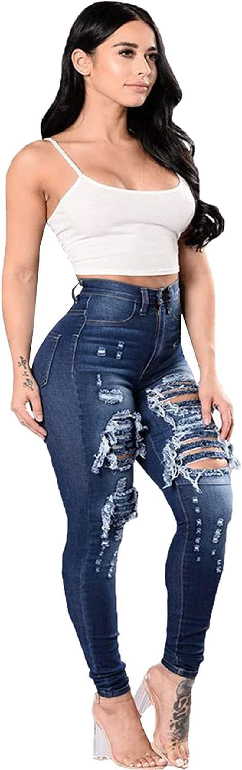 Women'S Destroyed Slim Fit Outdoor Jeans Ripped Skinny Street Denim Pants Distressed High Waist Jeans Pants image number 7