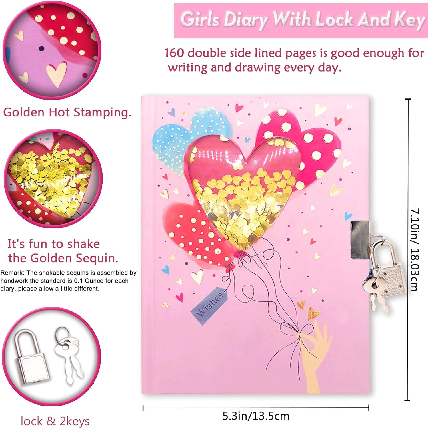 Heart Diary with Lock, 7X5.3 Inches 160 Pages Shakable Sequin Girls Diary Secret Kids Journal with Lock Lined Notebook for Girls Pink Kids Diaries Birthday Gifts for Girls 5 6 7 8 9 10 Years image number 2