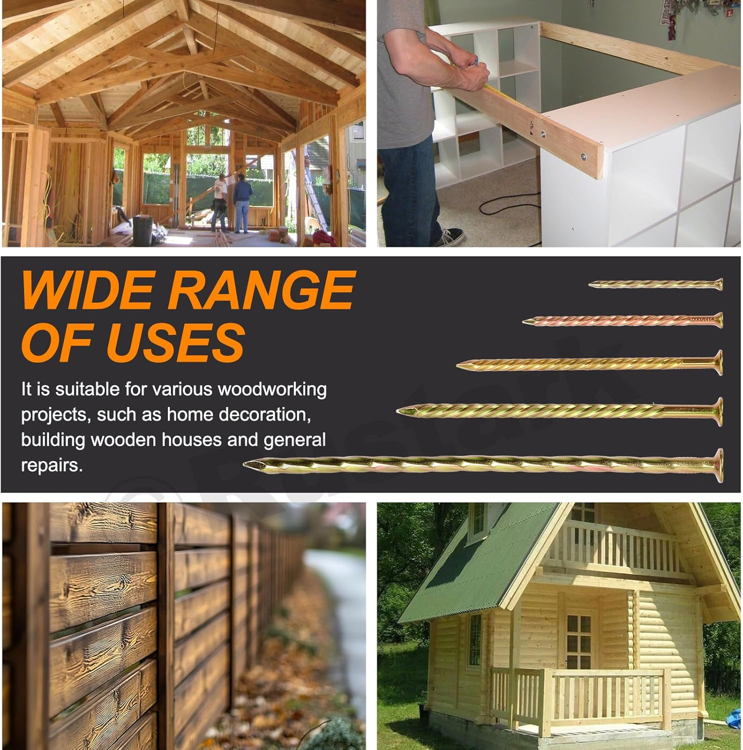 Rustark 200Pcs 5 Sizes Spiral Deck Nails Assortment Kit Fence Deck Nails Spiral Shank Deck Nail Floor Hardware Screw Nail for House Repairing Wall Floor