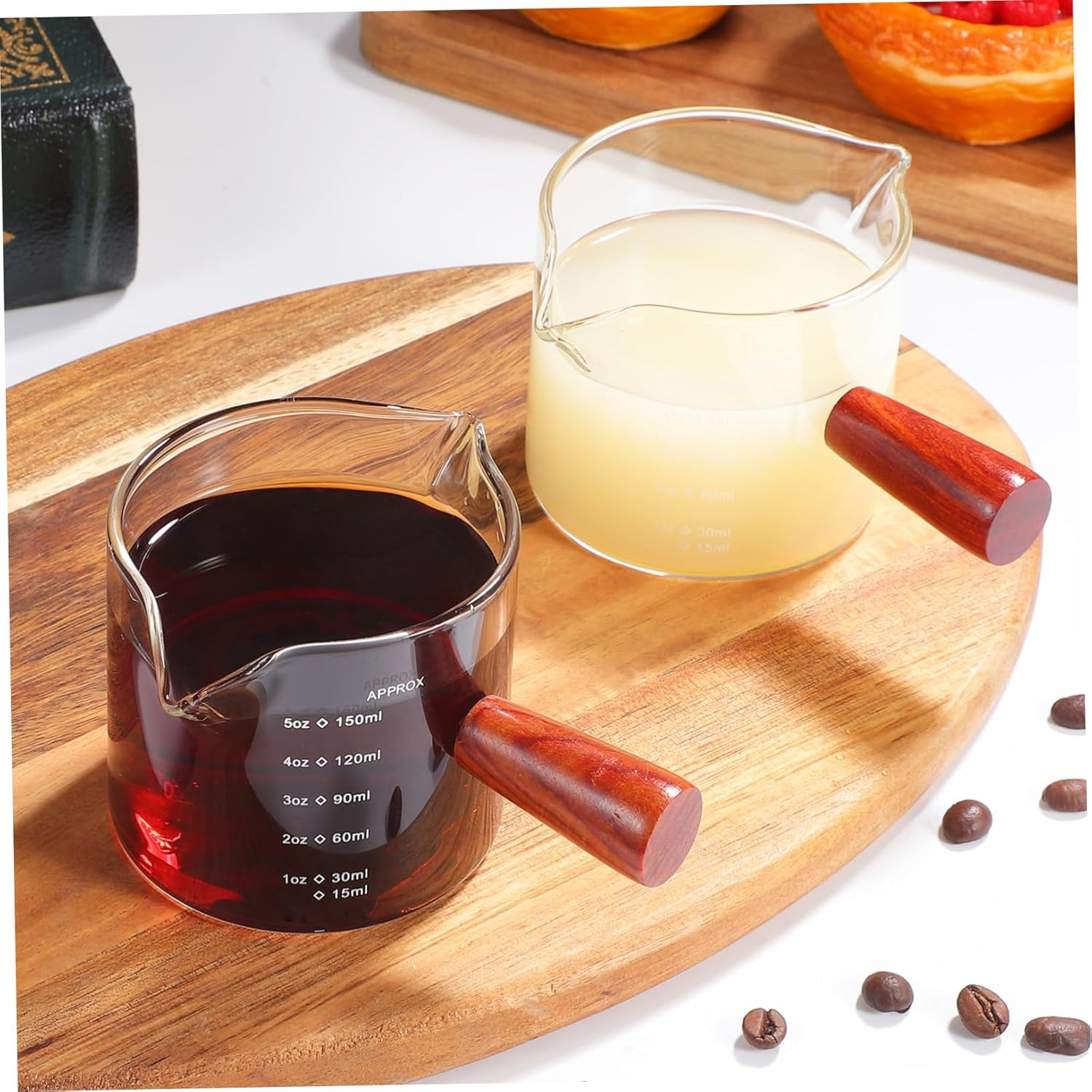 MOTHNUR 2 Pcs Espresso Glass Measuring Cups with Wooden Handles Dual Spout Pitchers for Coffee Creamer Milk Precise Graduated Design for Home Office Coffee Shop Use