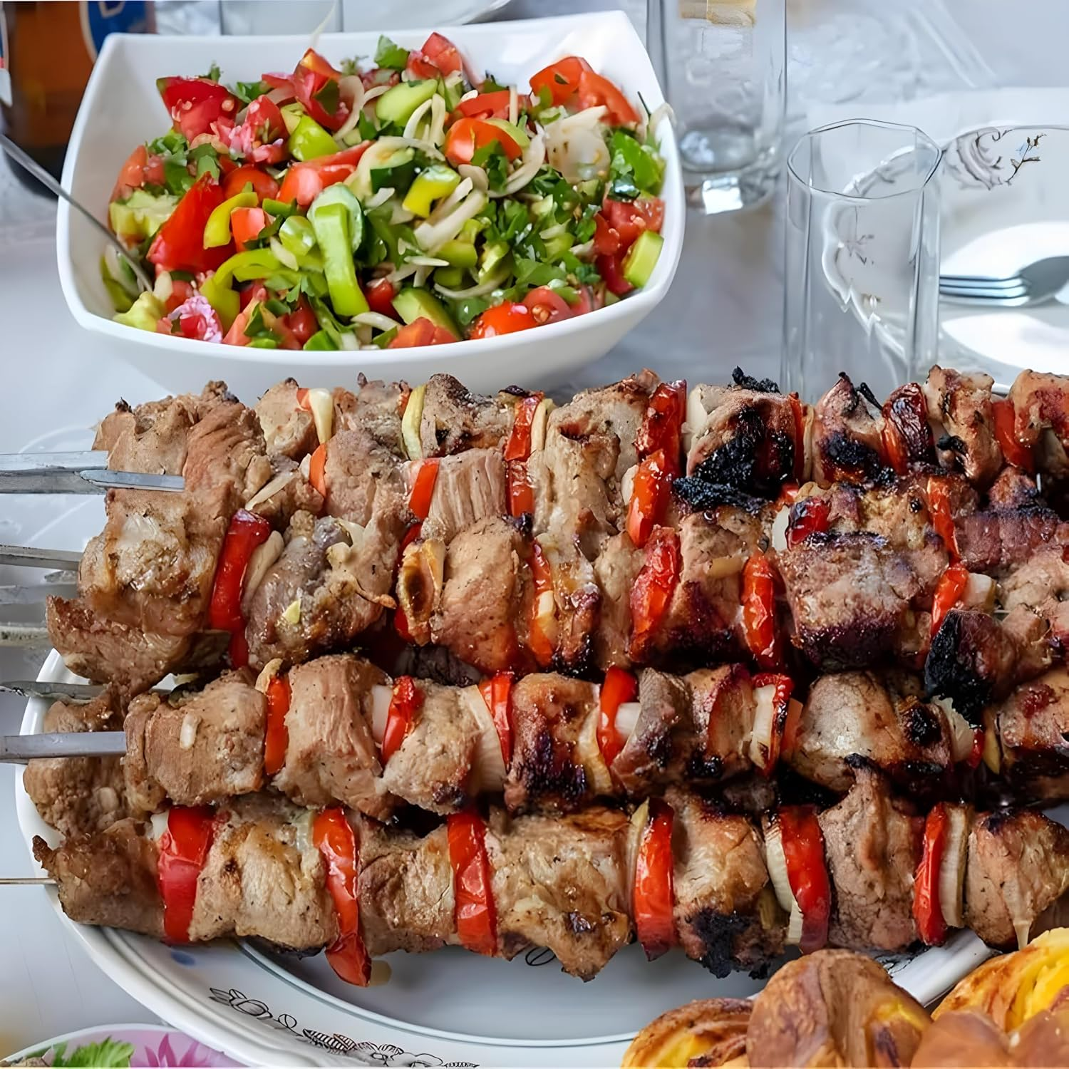 16.5 Inch Stainless Steel BBQ Skewers with Wood Handle, 6 Pack Flat Reusable Kabob Sticks for Grilling Meat, Shrimp, Chicken, Vegetables image number 4