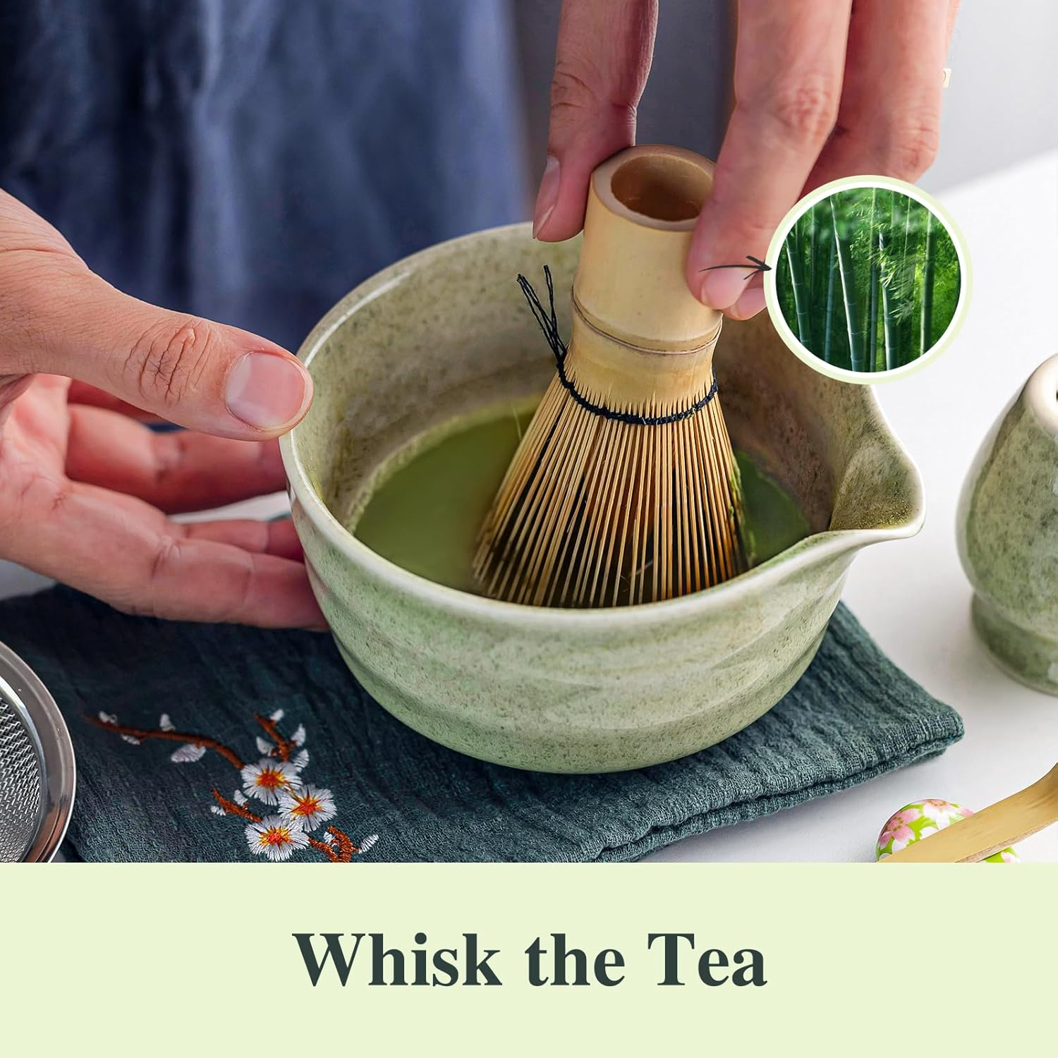 Matcha Whisk Set - 8PCS Kit for Matcha Lover, with Handcrafted Bamboo Whisk Matcha Scoop Matcha Stand Matcha Bowl, Sifter, Tea Cloth (Chakin), Scoop Stand,Wood Spoon image number 5
