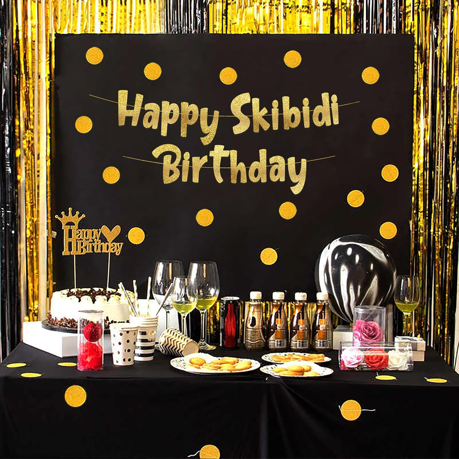 Happy Skibidi Birthday Gold Glitter Banner - Gen Z Slag - Funny Zoomer Birthday Decorations, Favors, Supplies, Ideas and Gifts image number 2
