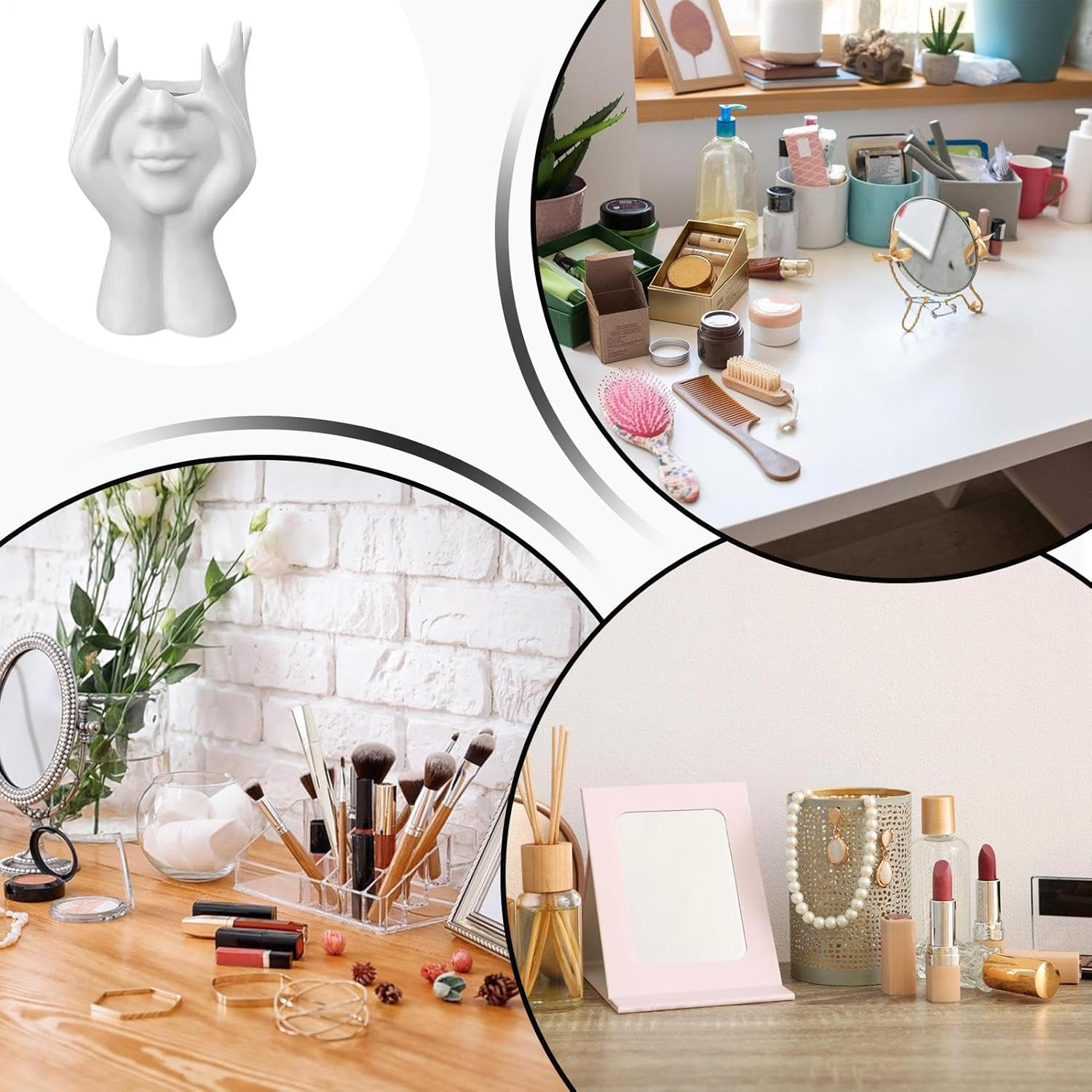 Abstract Facial Makeup Brush Holder, Face Hand Design Make up Brush Organizer, Decorative Dresser Receiver, Bohemian Modern Elegant Station for Bathroom Dorm Home Desktop Organization image number 4