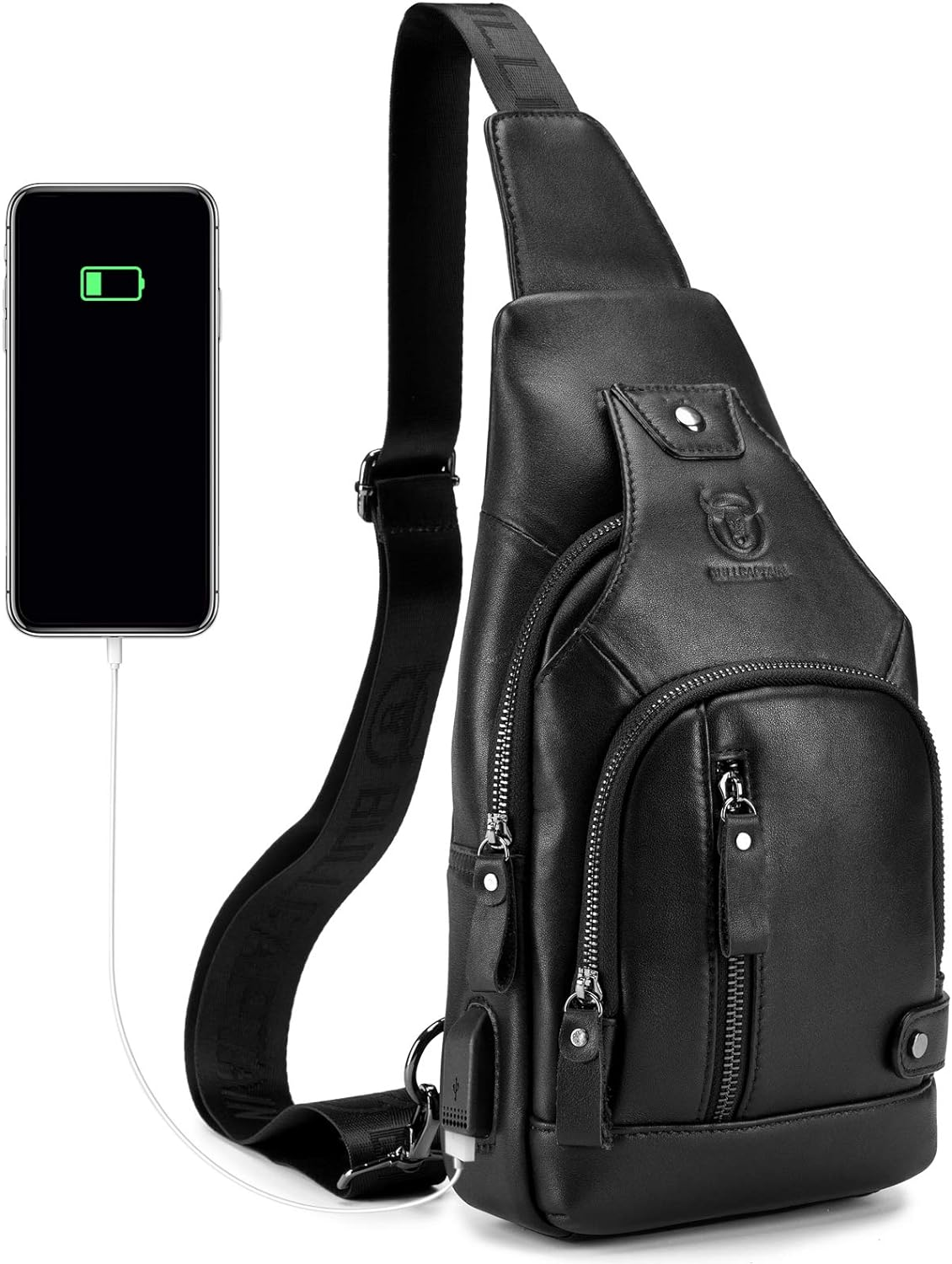 Men Leather Sling Bag Casual Shoulder Chest Crossbody Bag Hiking Travel Daypack with USB Charging Port image number 3