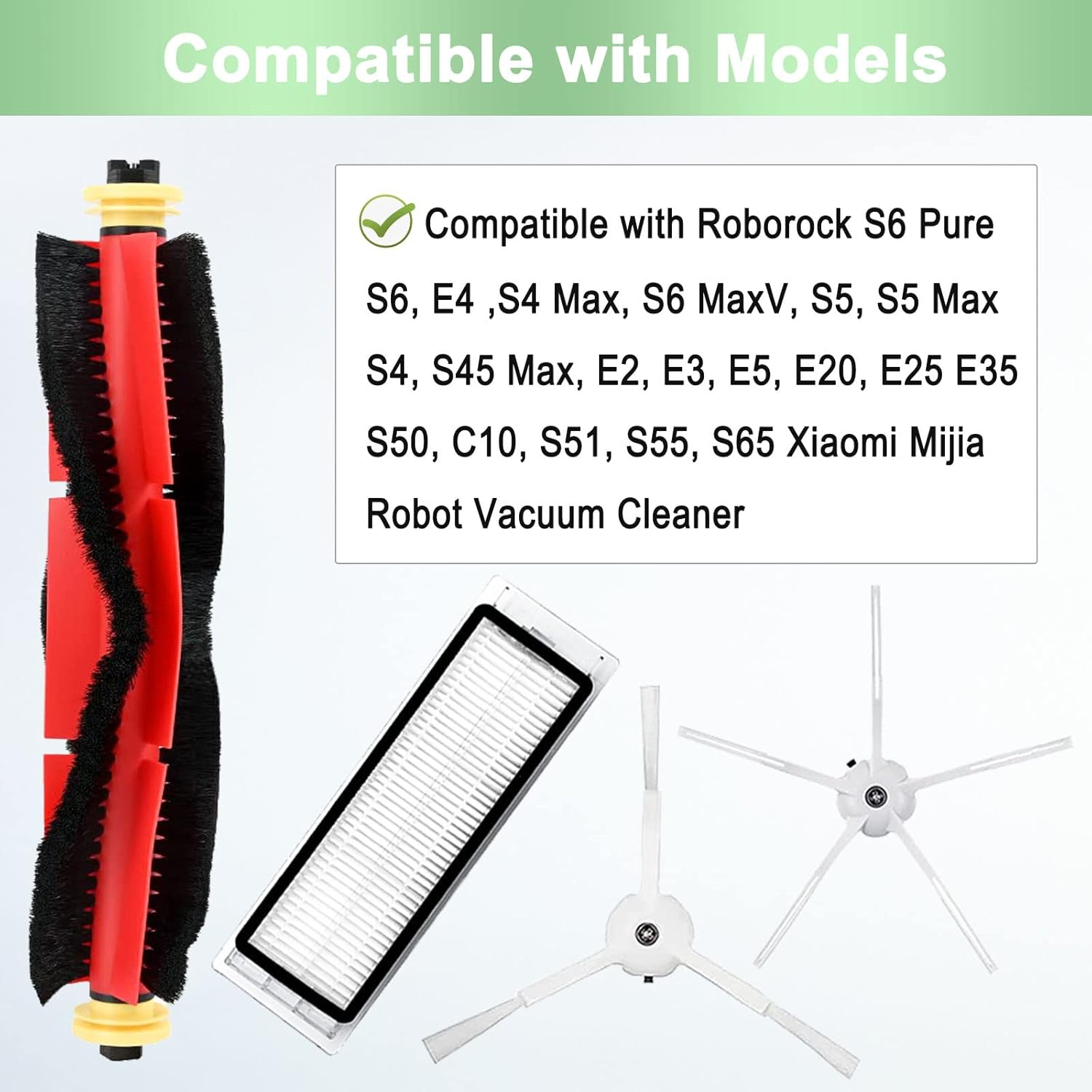 13 Packs Replacement Parts Compatible for Roborock S6 Pure, S6, E4,S4 Max, S6 Maxv, S5, S5 Max, S4, E2, E3,E5 E20 E25 E35 S50 S65 Xiaomi Mijia Robot Vacuum, 3 Main Brushes, 4 Filters, 6 Side Brushes image number 5