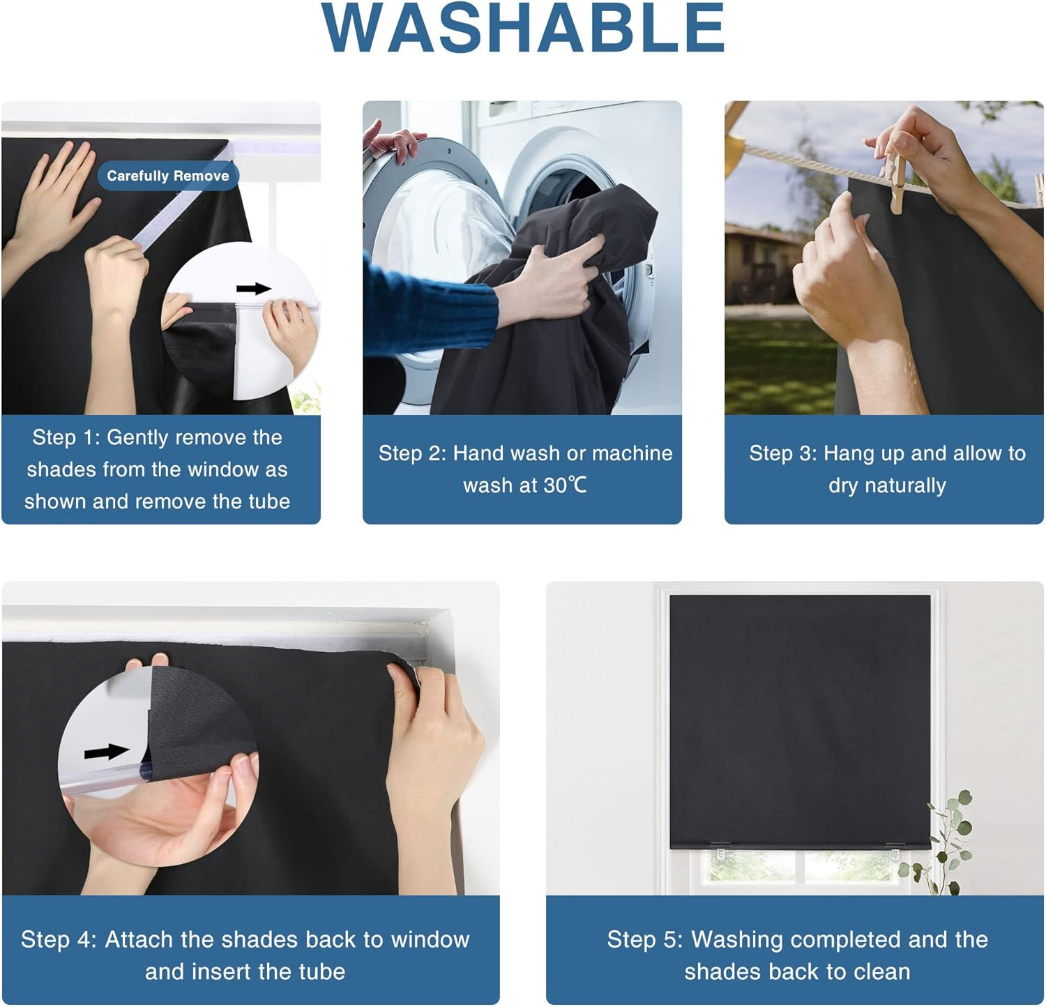 Lazblinds 100% Blackout Roller Shades, No Tools No Drill Cordless Blinds for Windows, Thermal Insulated UV Protection Privacy Window Shades for Bedroom (36''W X 72''H, Grey) image number 5