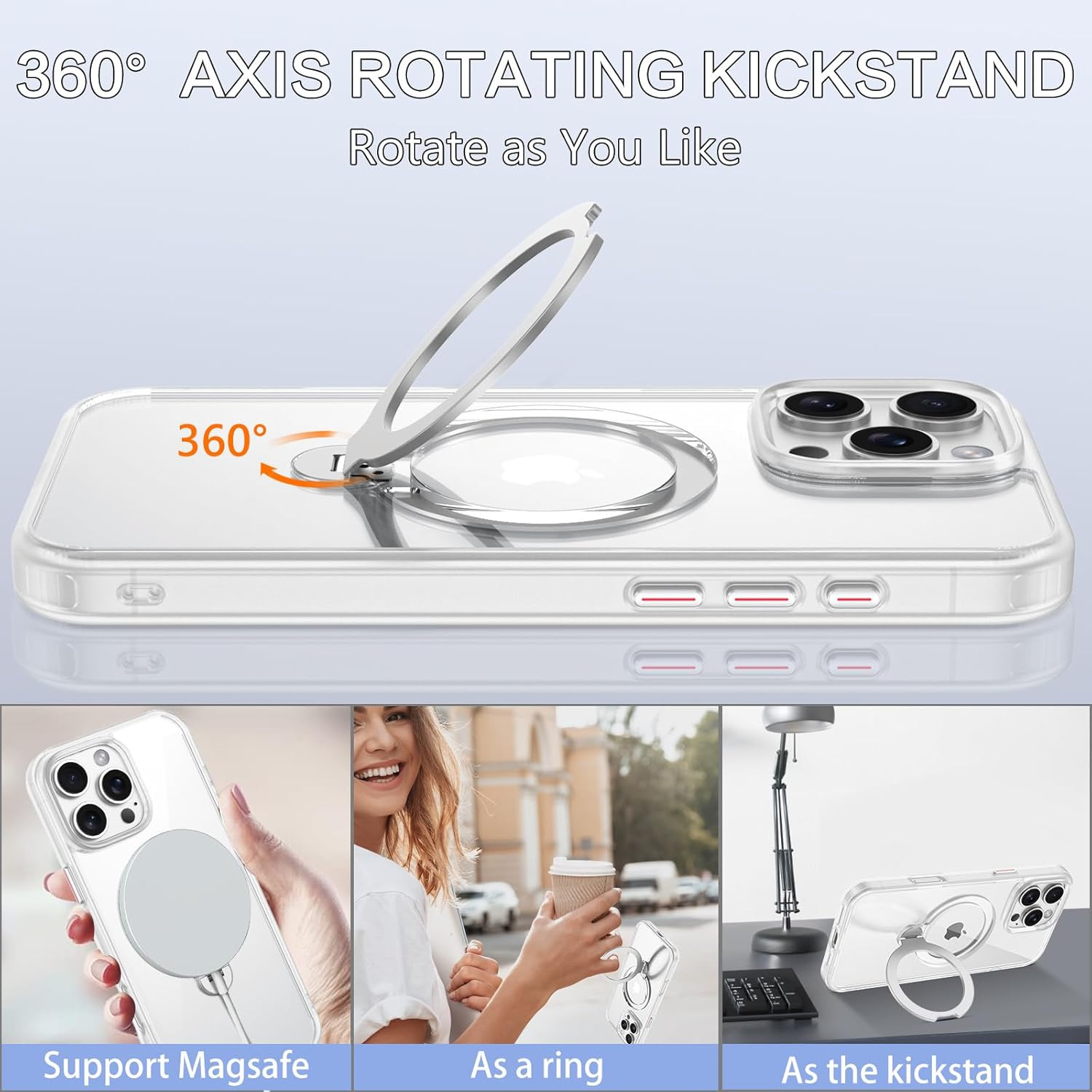 VENINGO Iphone 16 Pro Case, Compatible with Magsafe Transparent Back Case with Invisible Ring Stand Frosted Frame Shockproof Protective Slim Fit Anti-Yellowing Case for Iphone 16 Pro 6.3 Inch, Clear image number 7