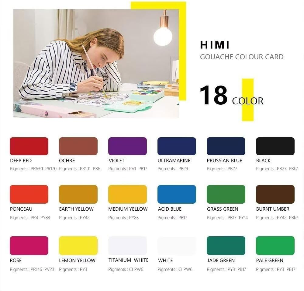 HIMI Gouache Paint Set 18 Colors X 30Ml Premium Jelly Cup Design Comes with 3 Paint Brushes & Palette Easy to Carry Suitable for Students Children Beginners Artists (Green Box）