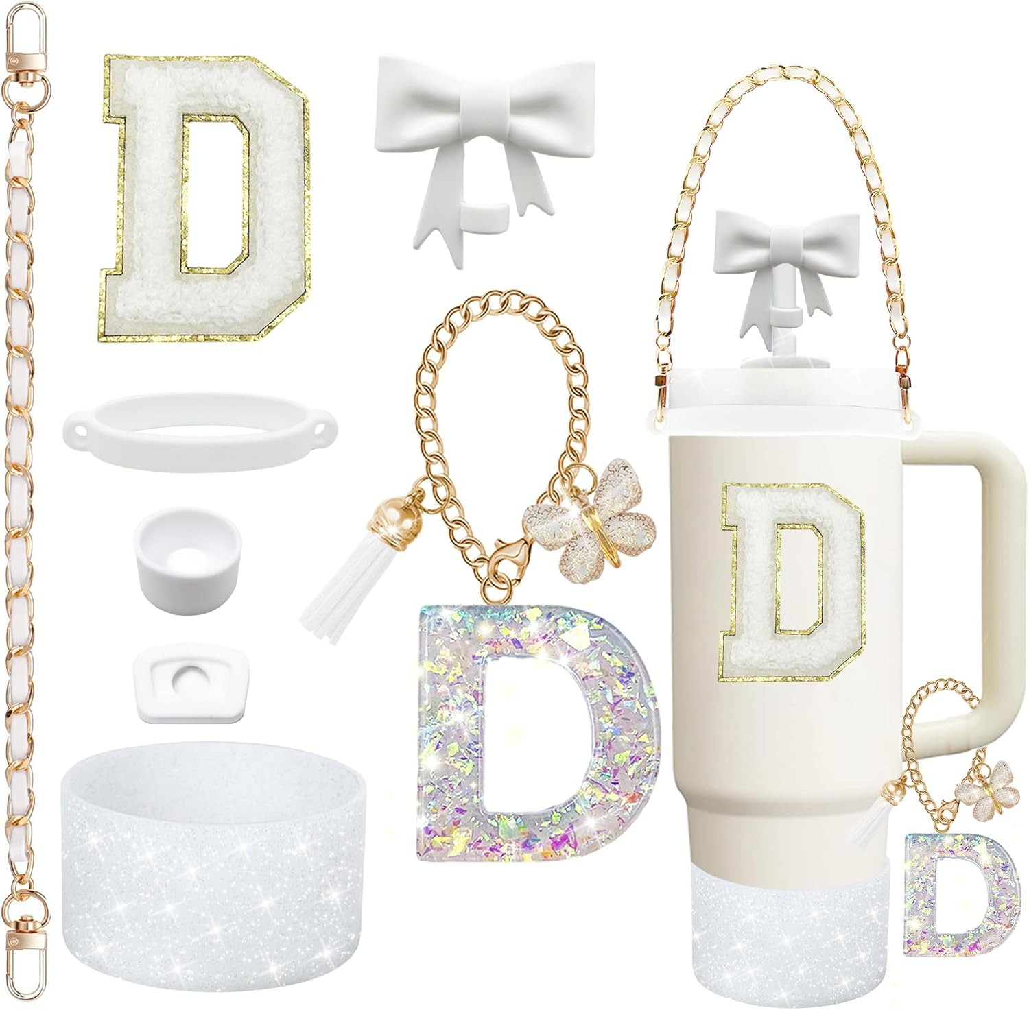 8PCS Stanley Cup Accessories Set for Stanley Cup 30Oz 40Oz Tumbler with Handle,Including Straw Topper Cover Cap and Boot,Spill Proof Stopper,Handle Charm,Initials Sticker (White M)