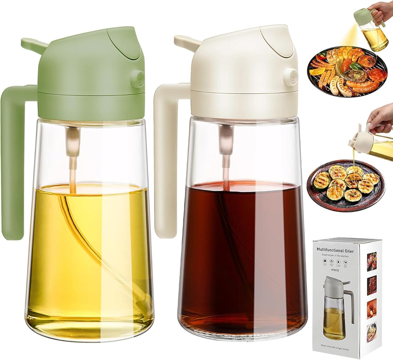2 Pack Olive Oil Sprayer 2 in 1 Glass Bottle Dispenser 17Oz/500Ml Oil Mister with Premium Nozzle Pour and Spray for Kitchen Cooking Air Fryer, BBQ