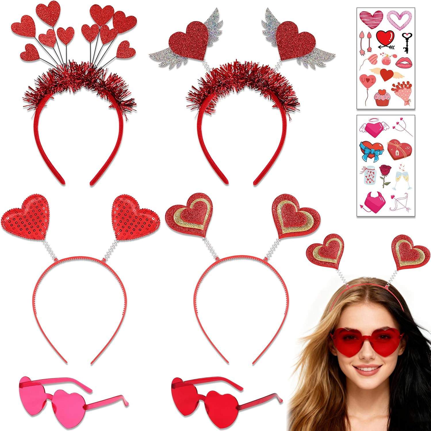 Valentines Day Headband Set, 6 Pcs Red Heart Headband and Heart Sunglasses Love Shaped Hair Hoop Headwear for Party image number 5