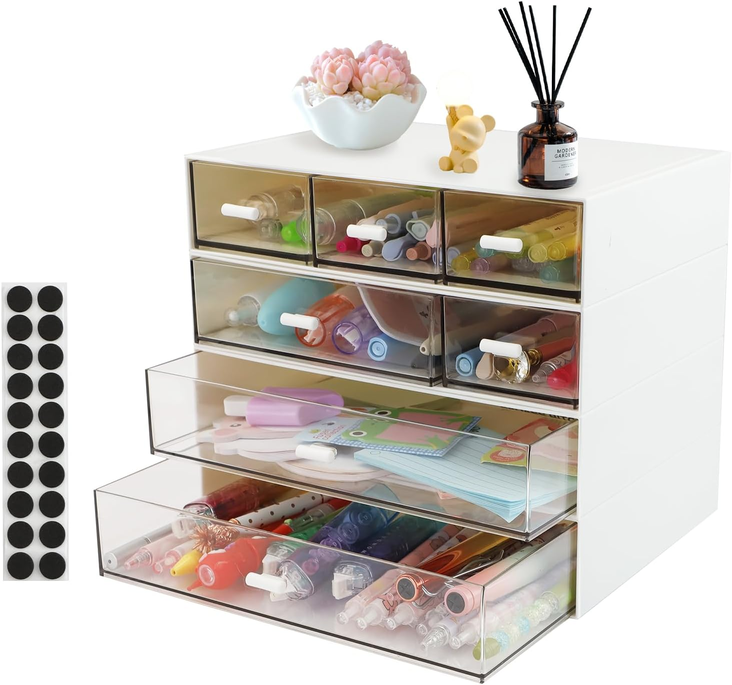 4 Tier Desktop Organizer with 7 Drawers, FHDUSRYO Stackable Desk Storage Box with Non-Slip Pads, Tidy Makeup Desk Organizer File Rack for Office Supplies, Home Storage image number 5