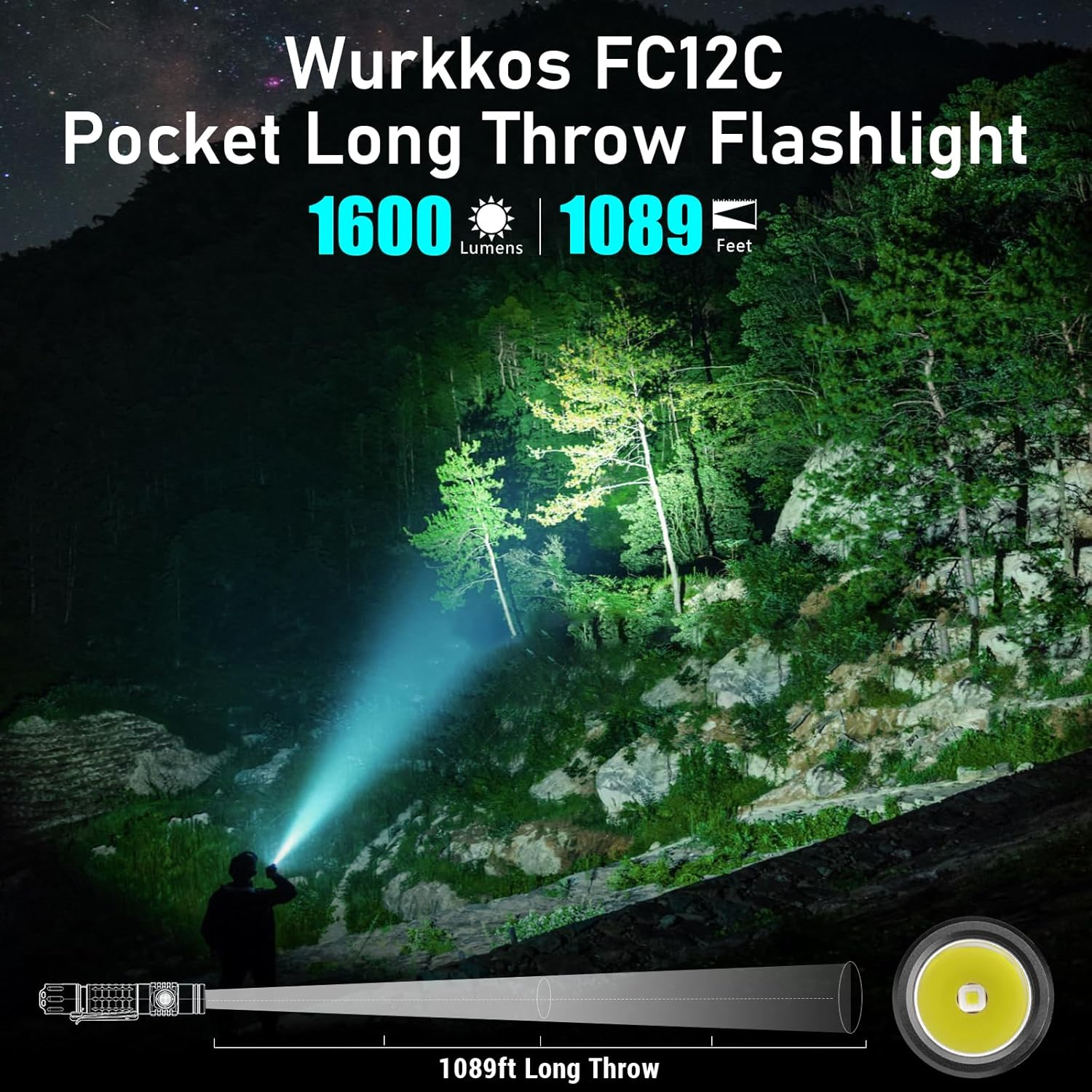 Wurkkos FC12C Tactical Flashlight 1600 High Lumens, USB-C Rechargeable LED Flashlights, 332M Long Throw Flash Light, IP68 Waterproof, Dual Switches and Constant Current Circuit for Searching, Hunting image number 1