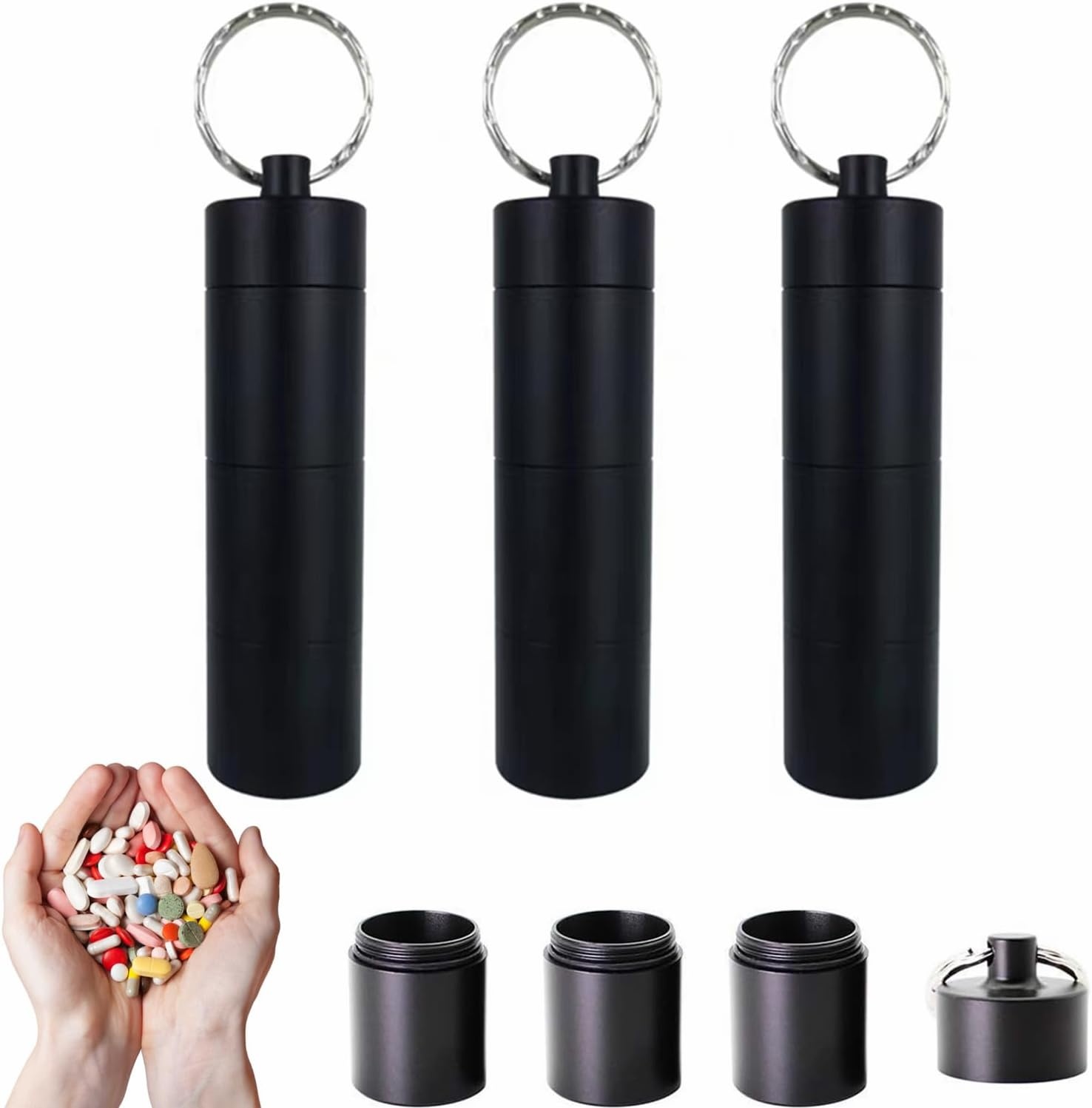 Portable Pill Cases, 3 Pack Metal Pocket Pill Boxes Waterproof Keychain for Travel & Purse, 3 Compartment Emergency Pill Container Box Daily Pill Container Holder for Men and Women image number 4