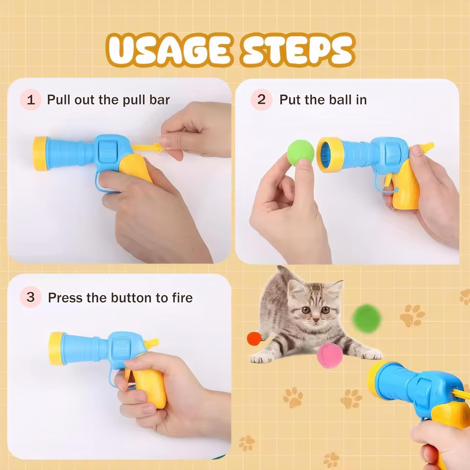 MEIYUETAOSI Cat Ball Toy Launcher Gun with 100 Plush Fuzzy Balls, Interactive Fun Cat Toys for Indoor Cats, Entertaining Fetch Game for Adult Cats & Kittens