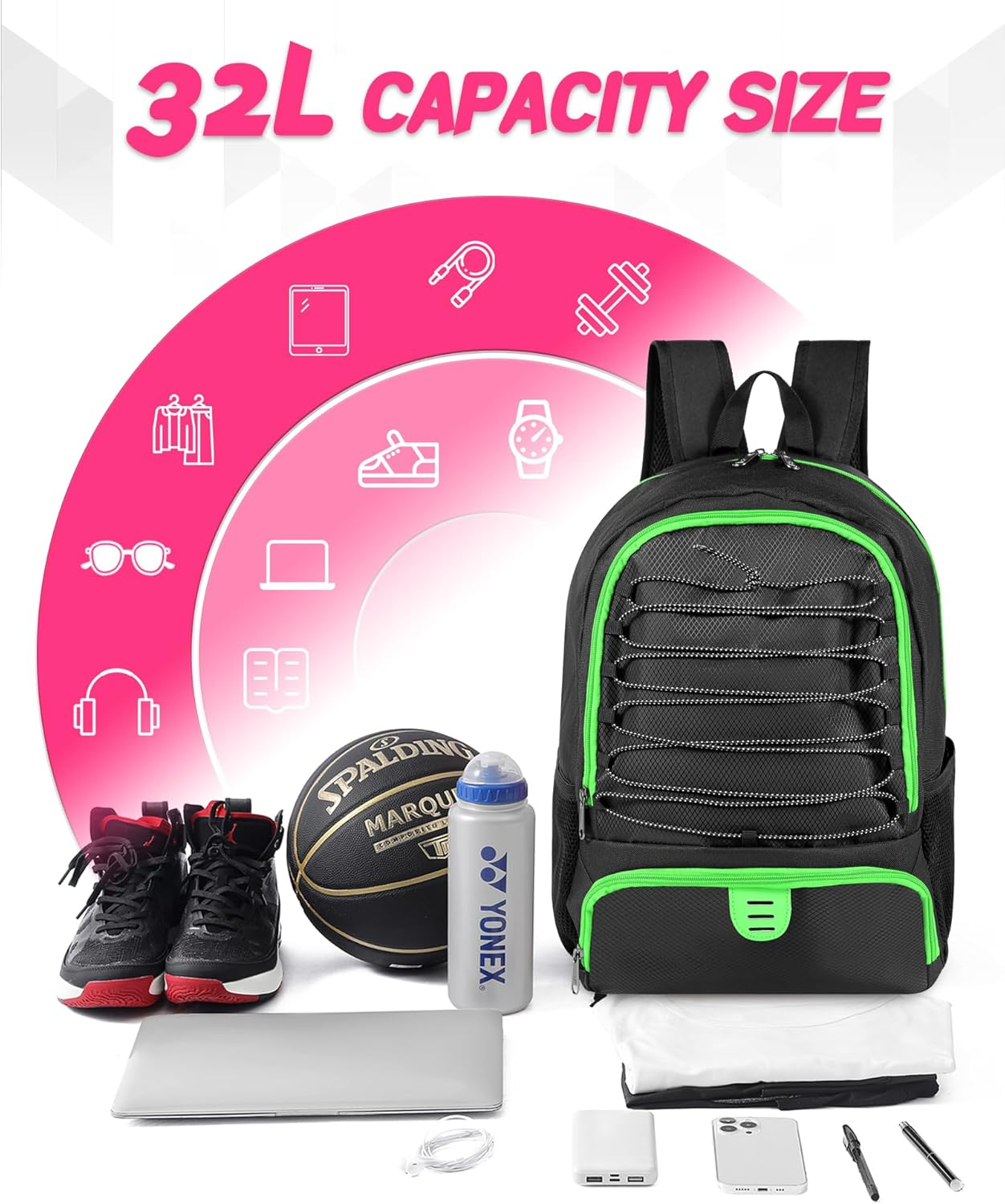 Basketball Bag Backpack for Men Women with Ball & Shoes Compartment 30L Capacity Lightweight Breathable Boys Girls Soccer Ball Bag Backpack Fit Volleyball Football Sports Travel School Gym