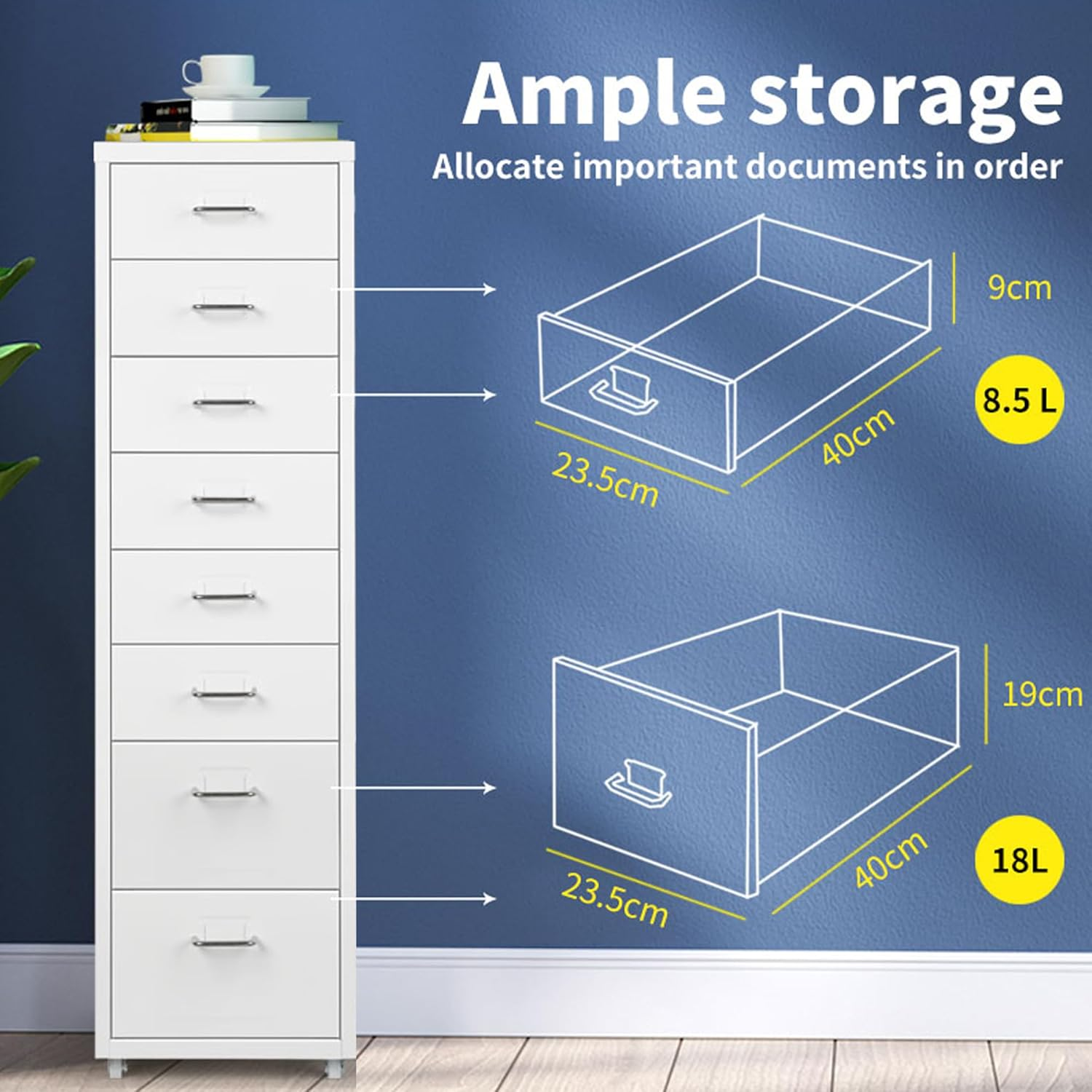 LEVEDE Mobile File Cabinets with 8 Drawers, Metal Chest of Drawers Anti-Rust, Bedside Cabinet Organiser, Multi-Purpose Home Office Furniture for Living Room, Bedroom, Bathroom, Office (White) image number 7
